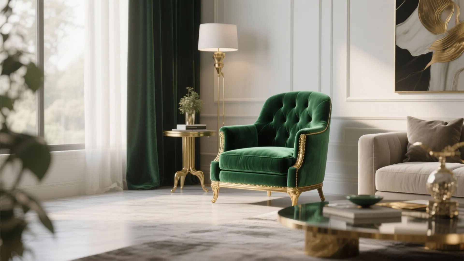 Elegant green velvet chair with gold legs in a bright living room near green curtains