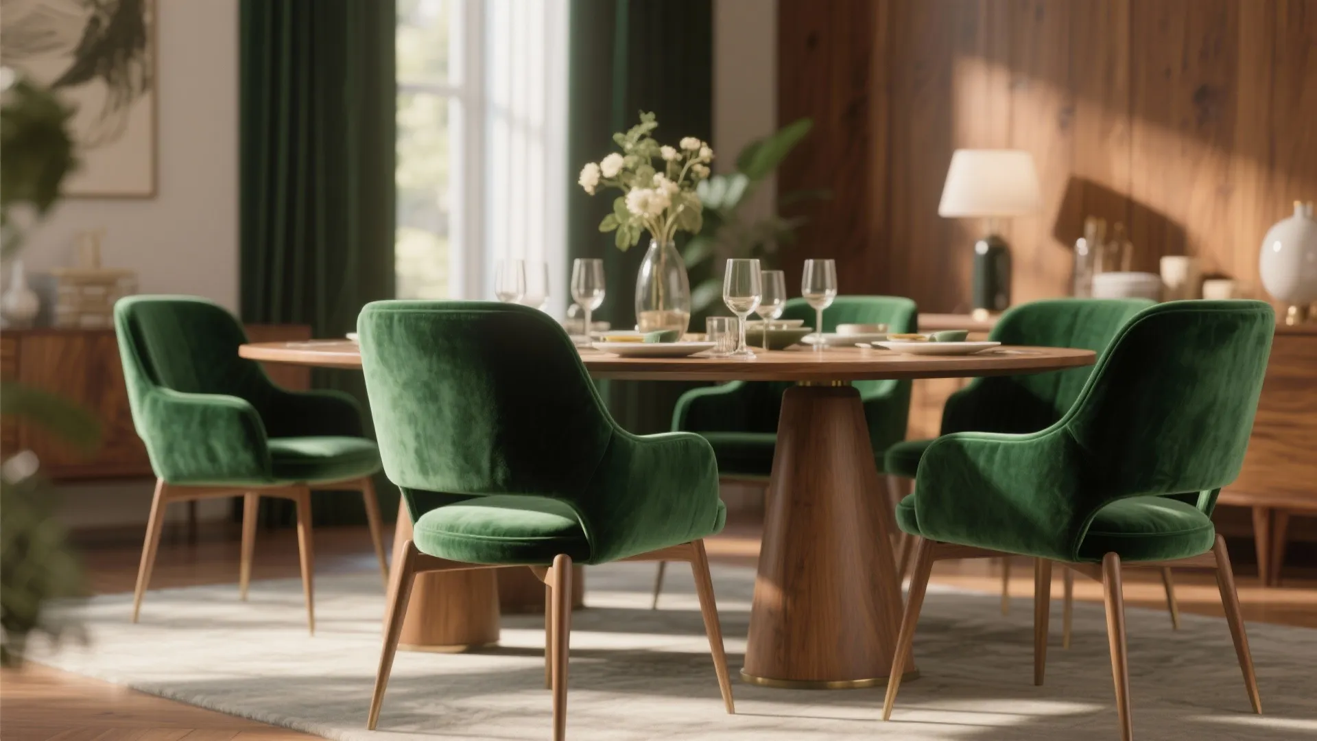Modern dining room with green velvet chairs around a wooden table and warm natural light