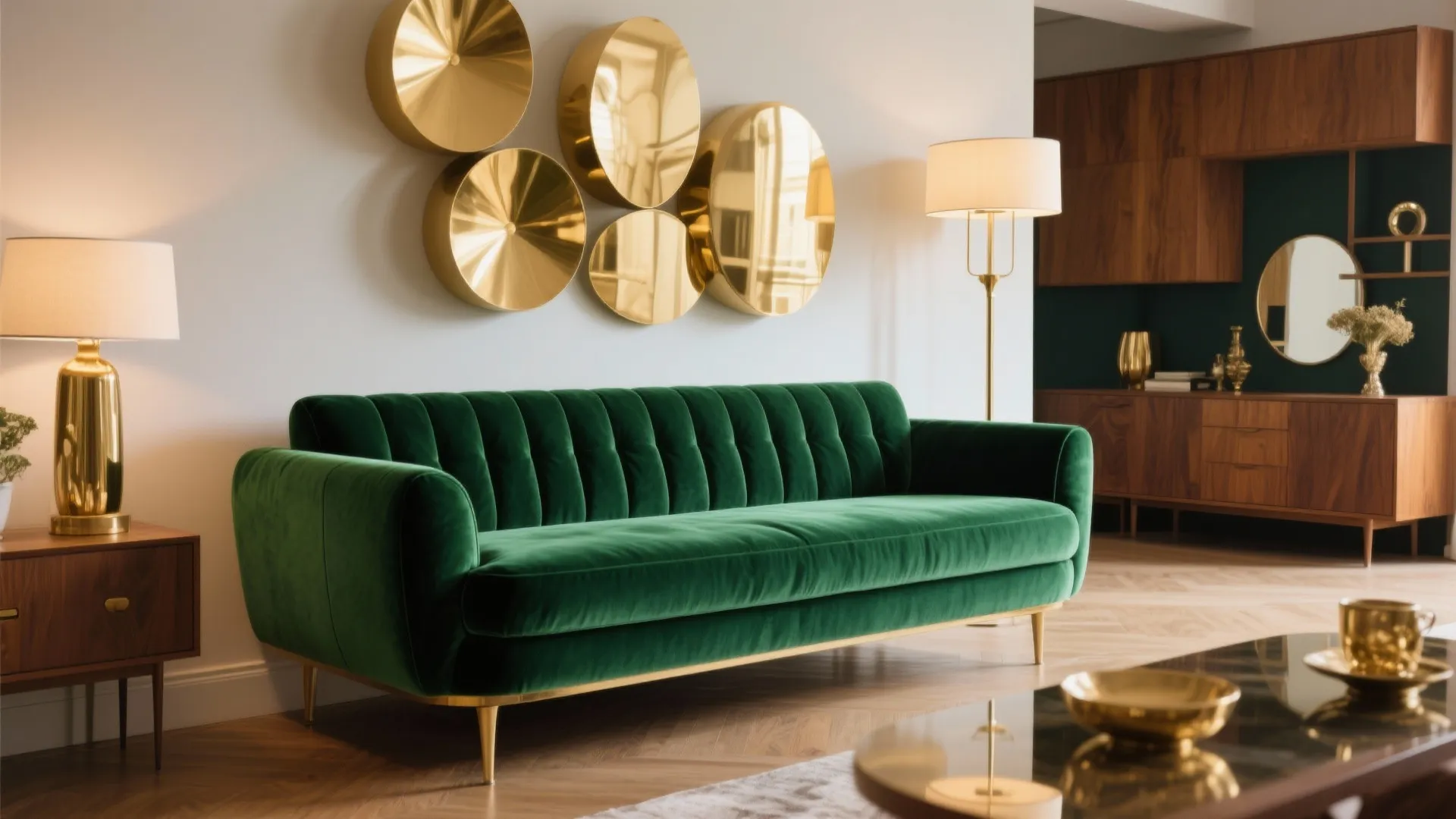 Emerald green velvet daybed in a stylish mid-century living room