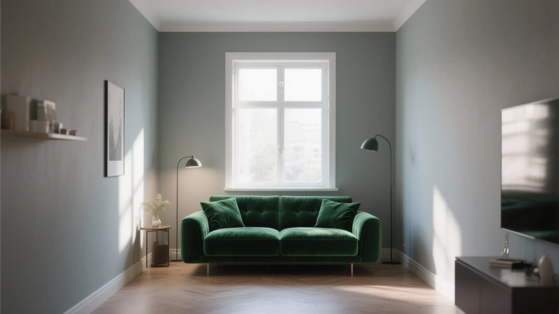 1. Emerald Velvet Sofa with Soft Grey Walls