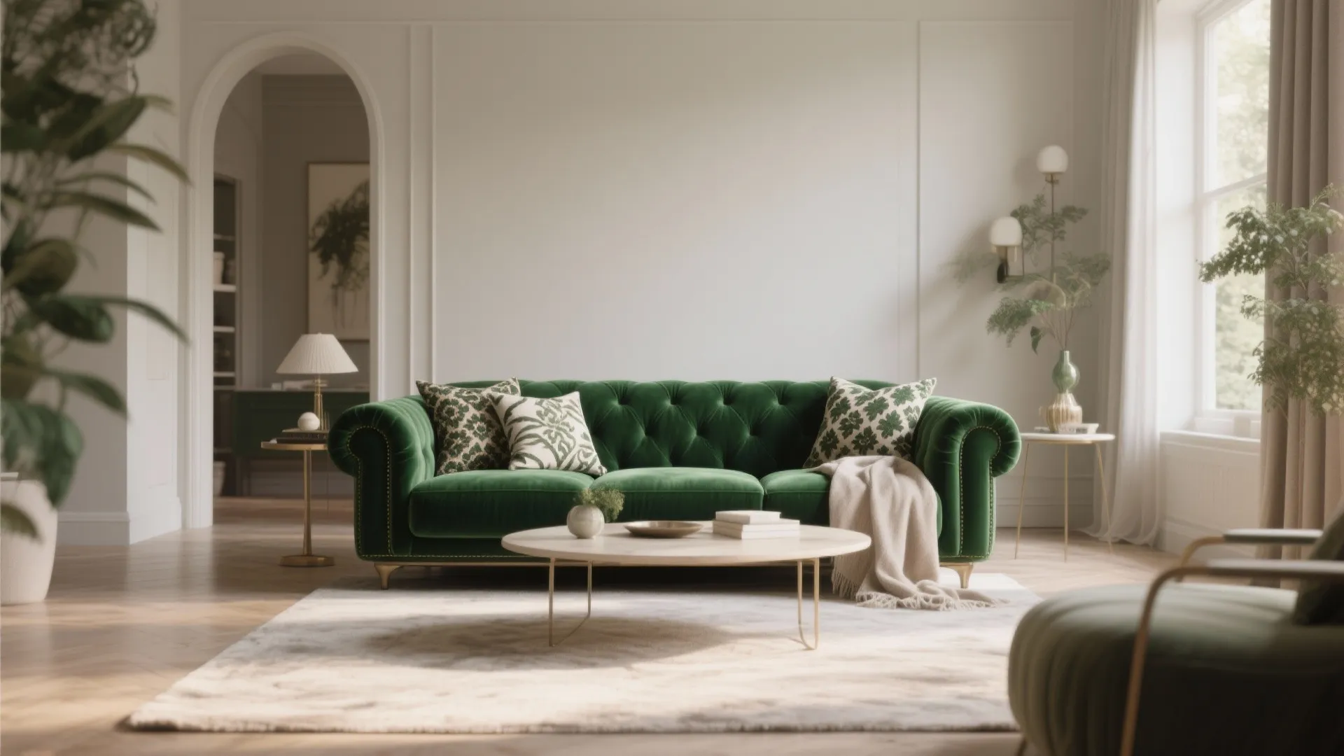 Emerald green velvet sofa in a bright living room with white walls and wooden floor