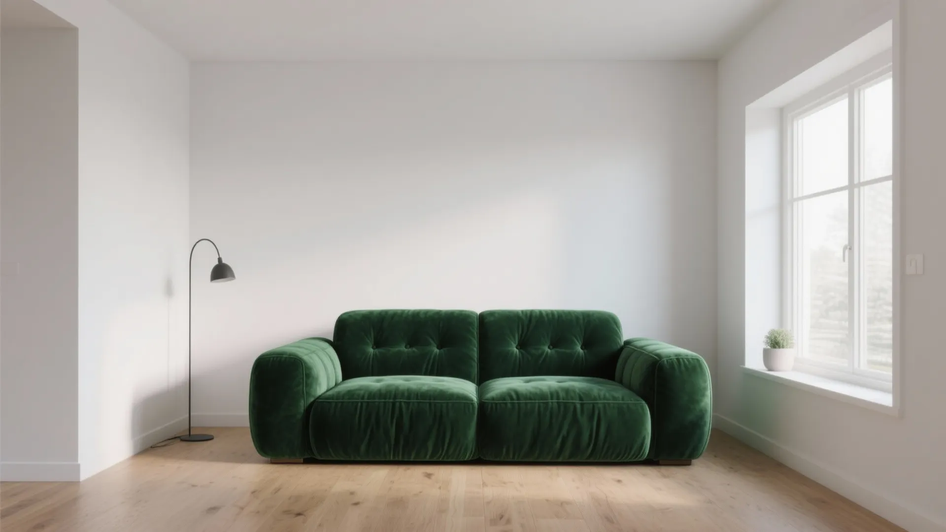 2. Green Velvet Sofa Against Crisp White Walls