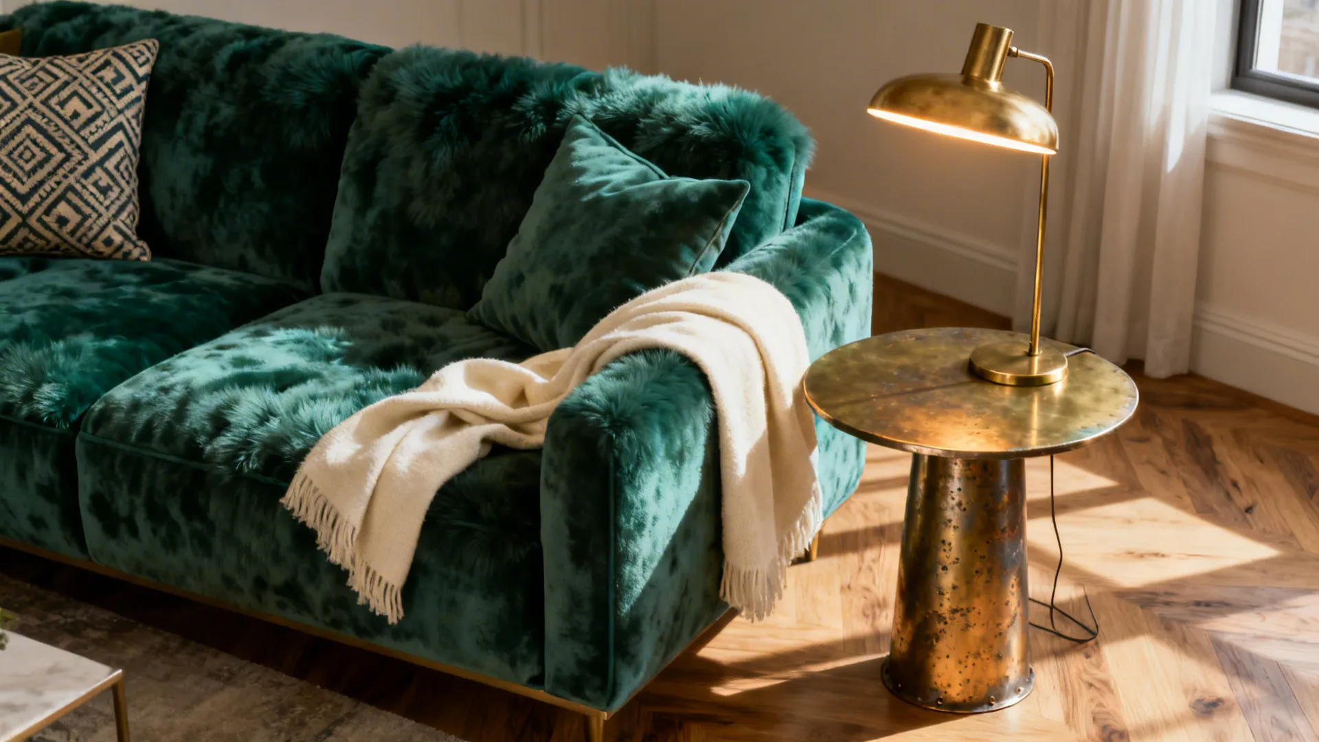 Plush emerald velvet sofa with mixed gold and antique brass accents in a warm, cozy seating area.