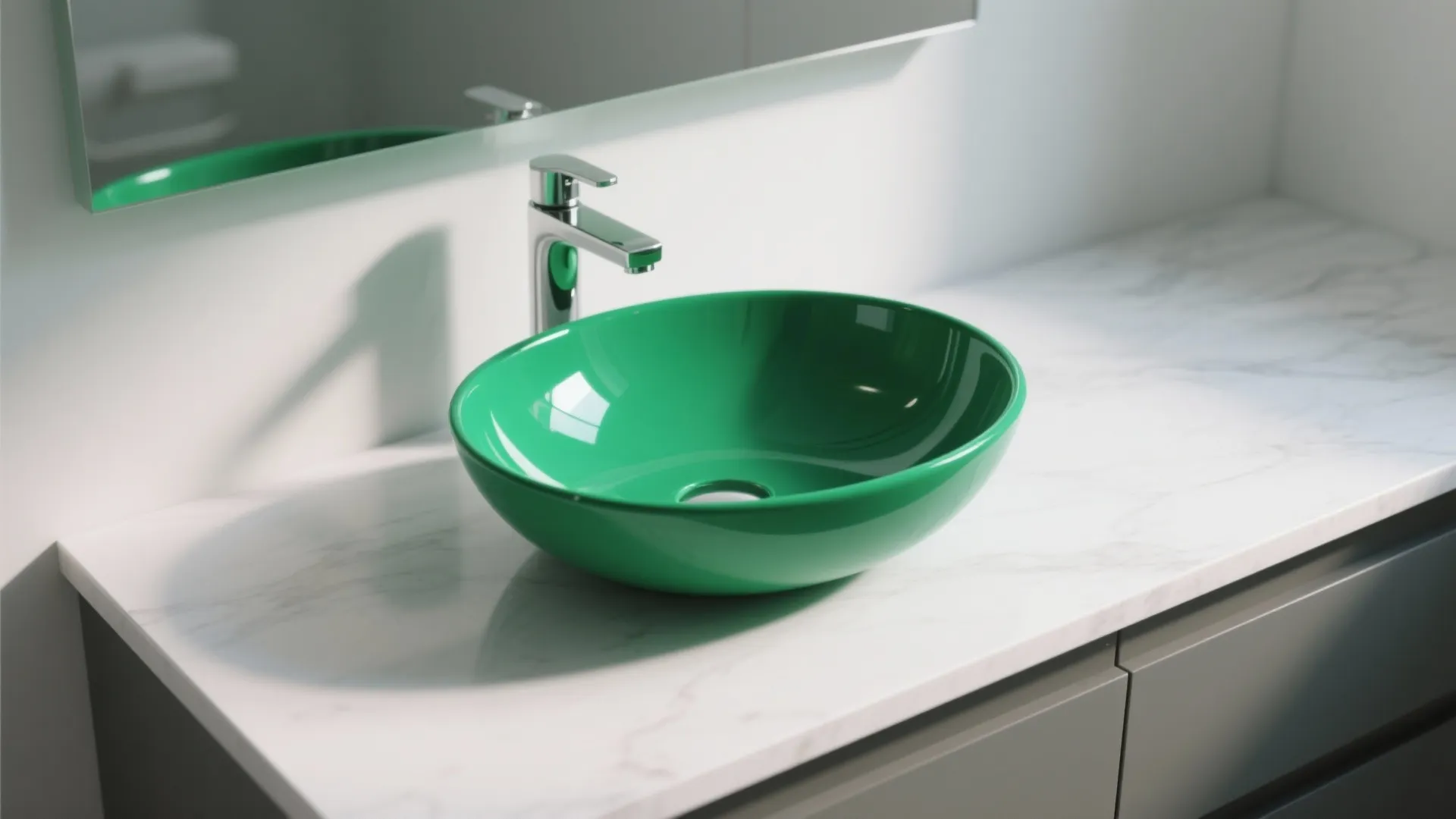 Emerald green vessel sink on a white vanity top