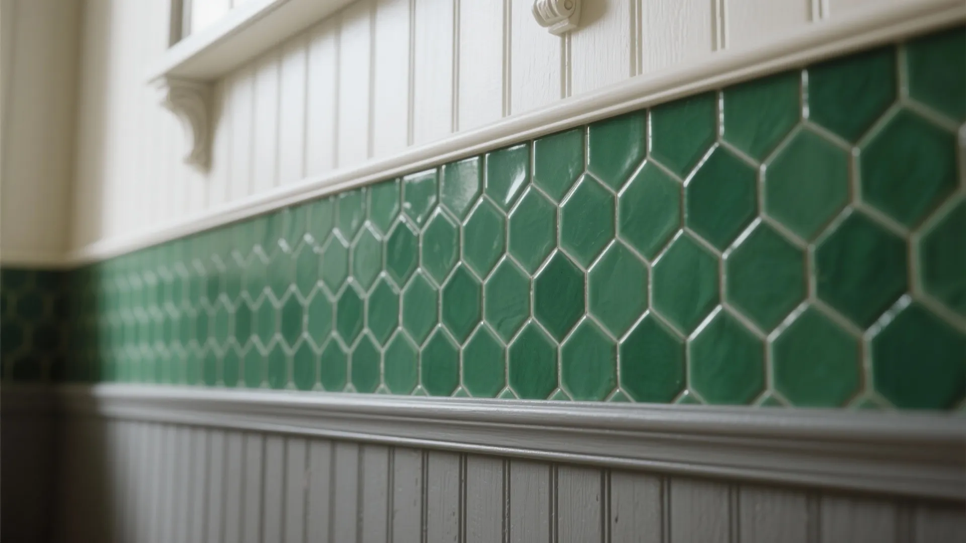 Close up of green hexagon tiles between white wall panel and grey wall panel sections