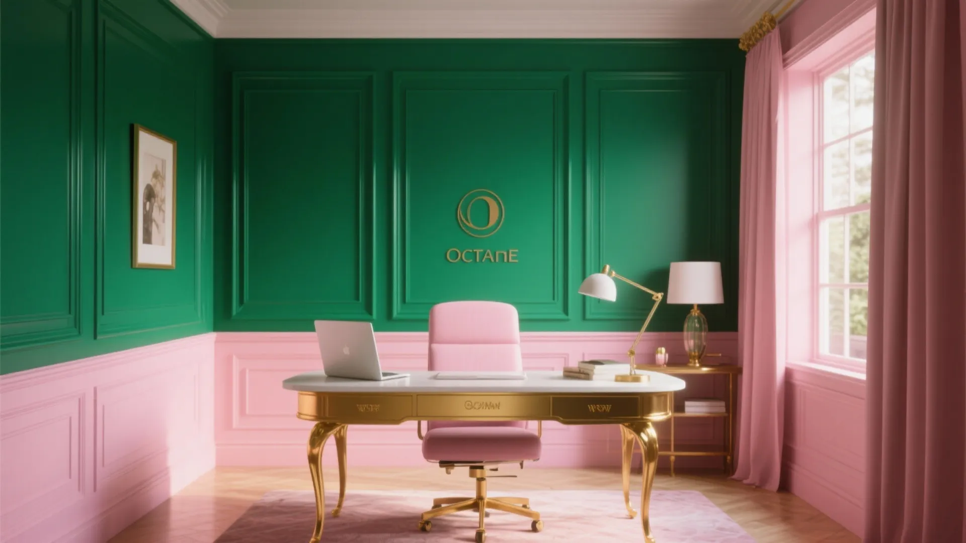 Elegant office with emerald wainscoting and blush walls