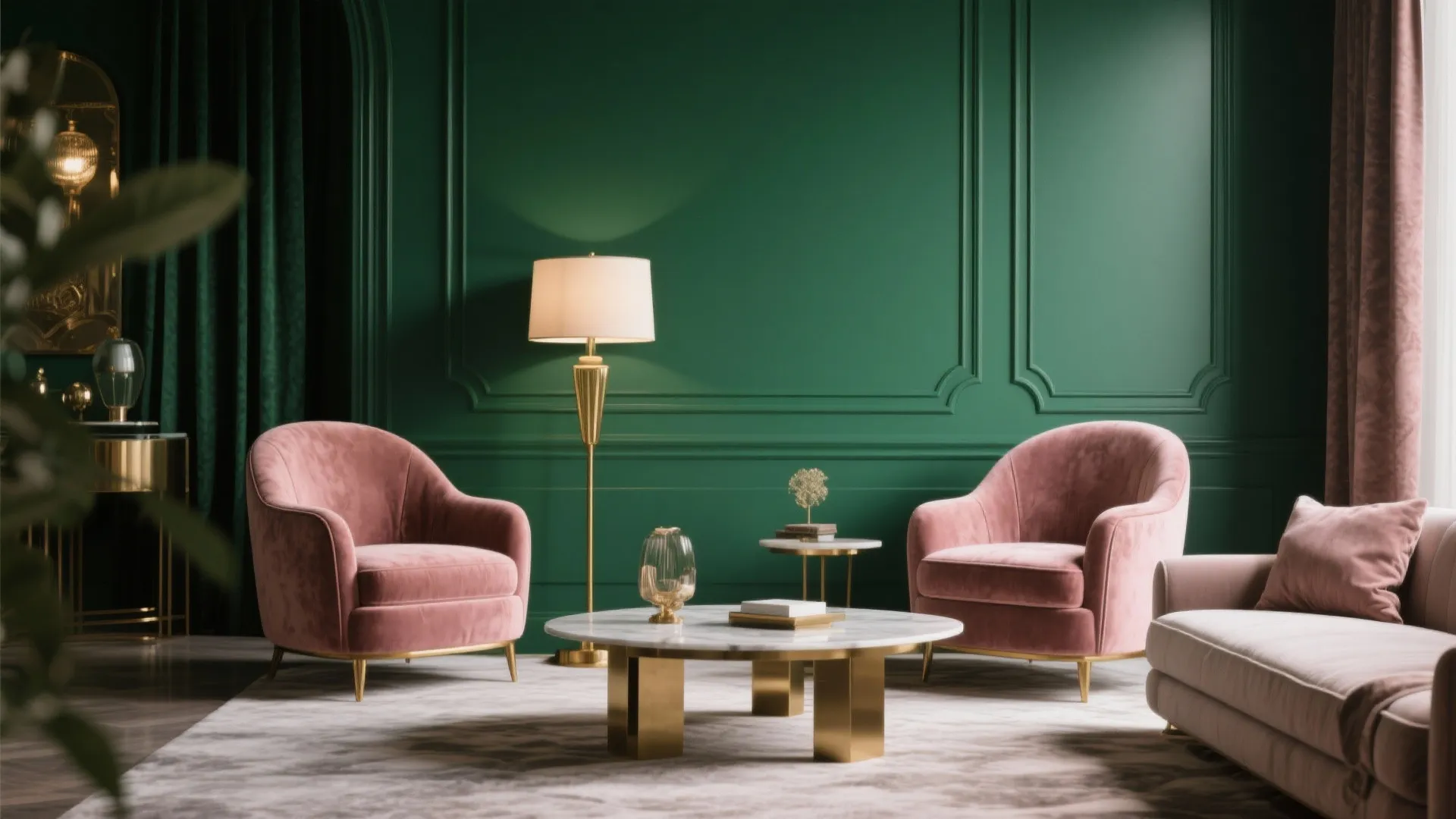 2. Emerald Green Accent Wall with Pink Velvet Chairs