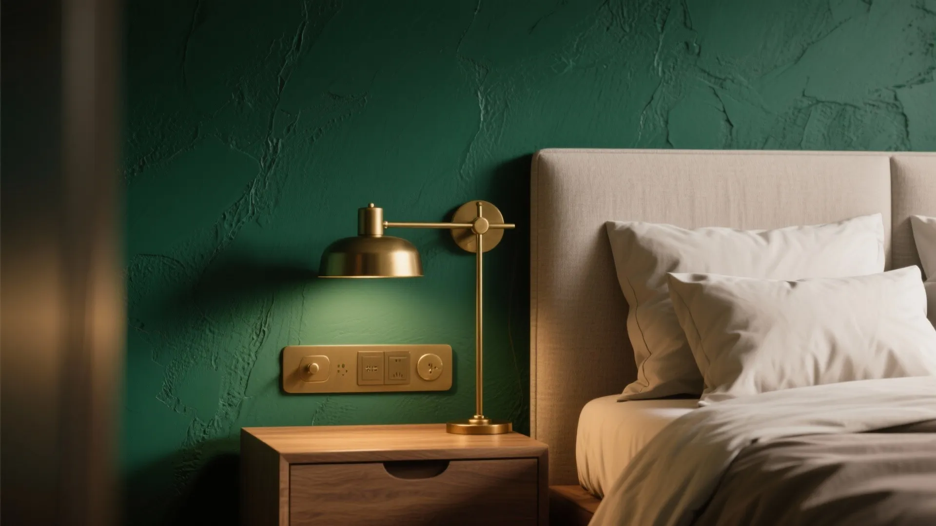 Close up of a green textured wall with a gold lamp on a wooden bedside table