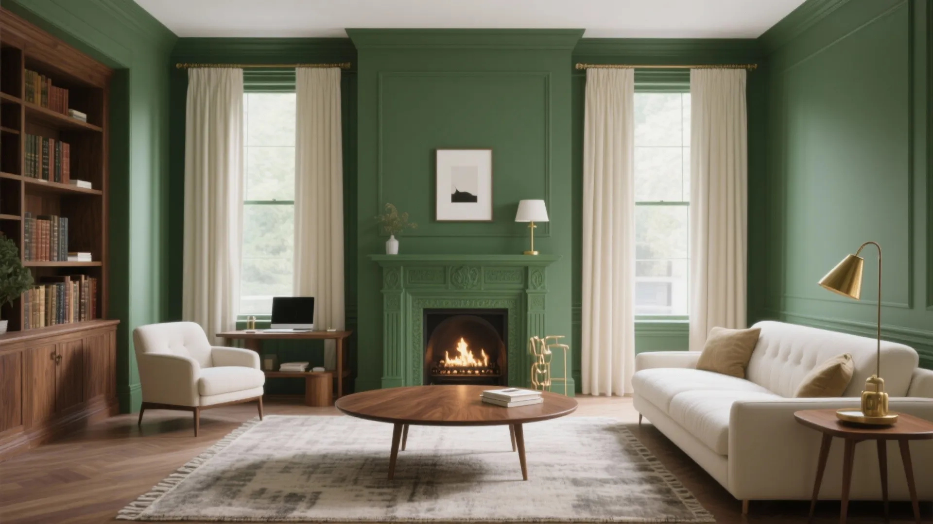 Green living room with white sofa wooden coffee table fireplace white curtains and a large bookcase
