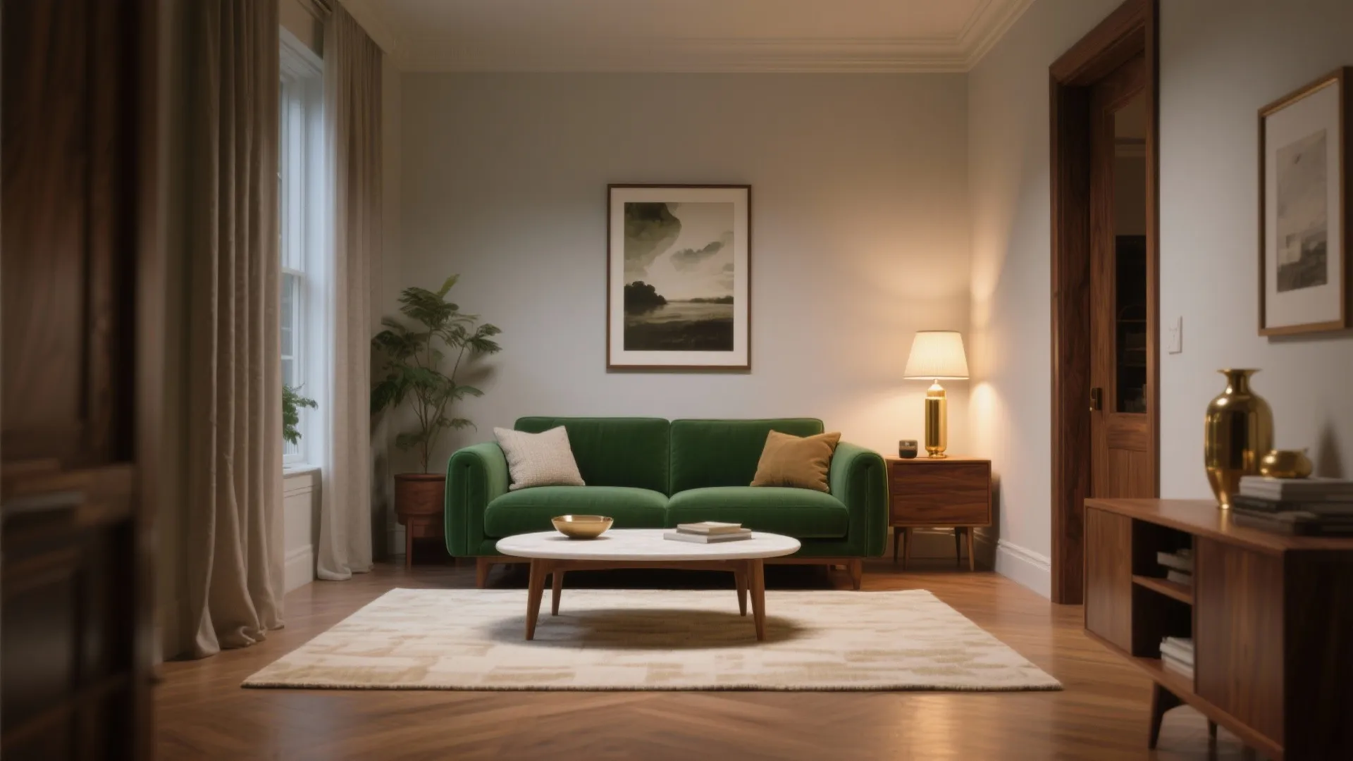 Living room with green sofa, round white coffee table, wood floor, wood cabinet, and lamp