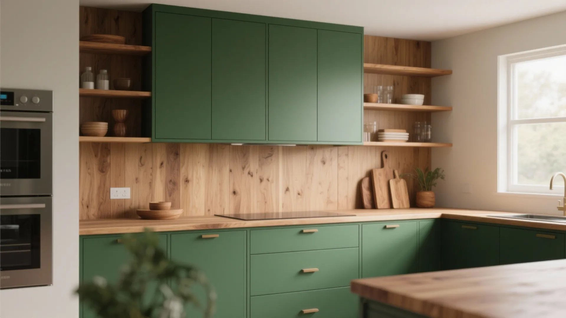 Modern kitchen featuring matte green cabinets wooden wall panel matching countertops and open wood shelves