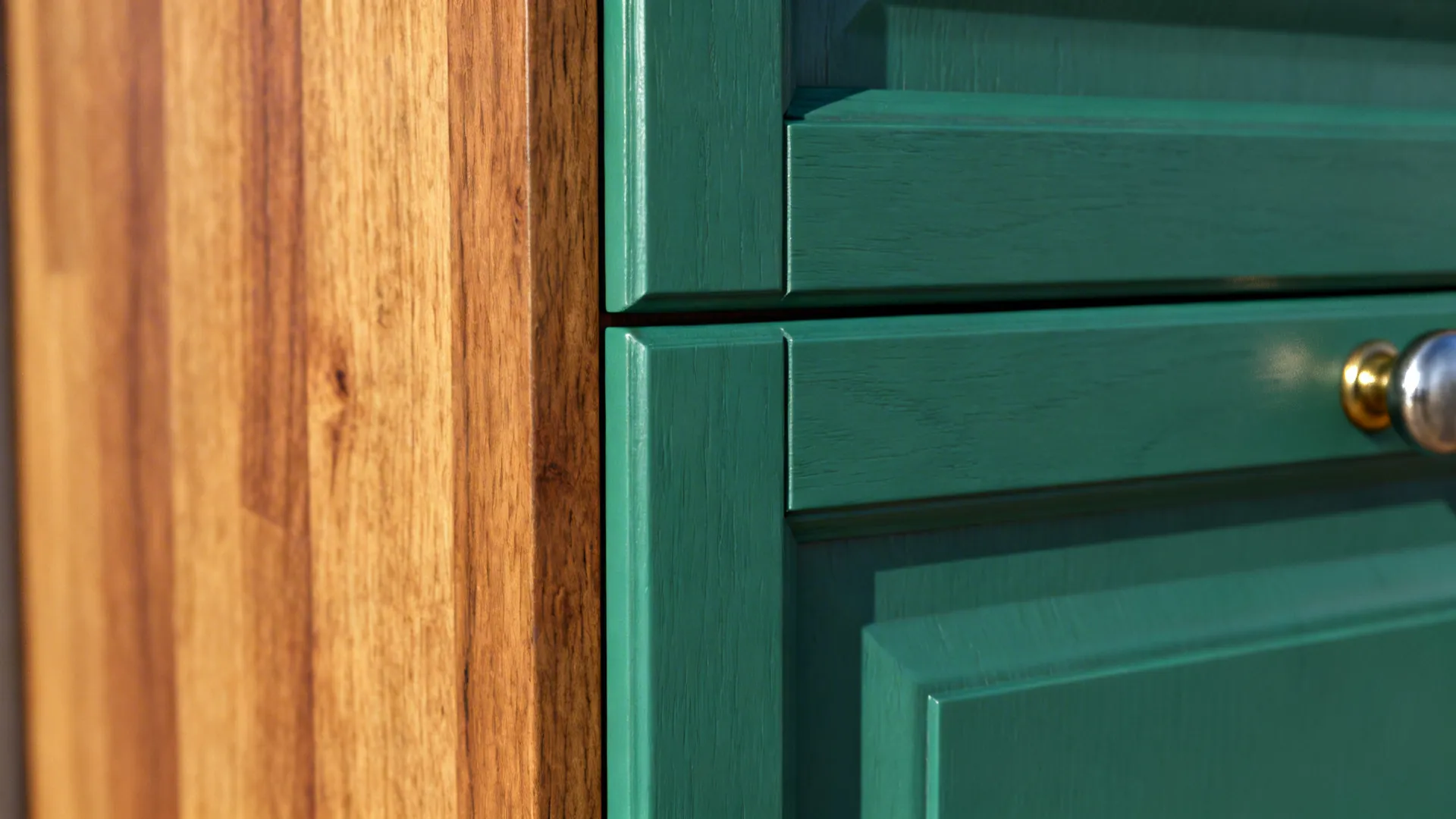 Macro of emerald cabinet next to warm wood with visible grain and a brass knob.