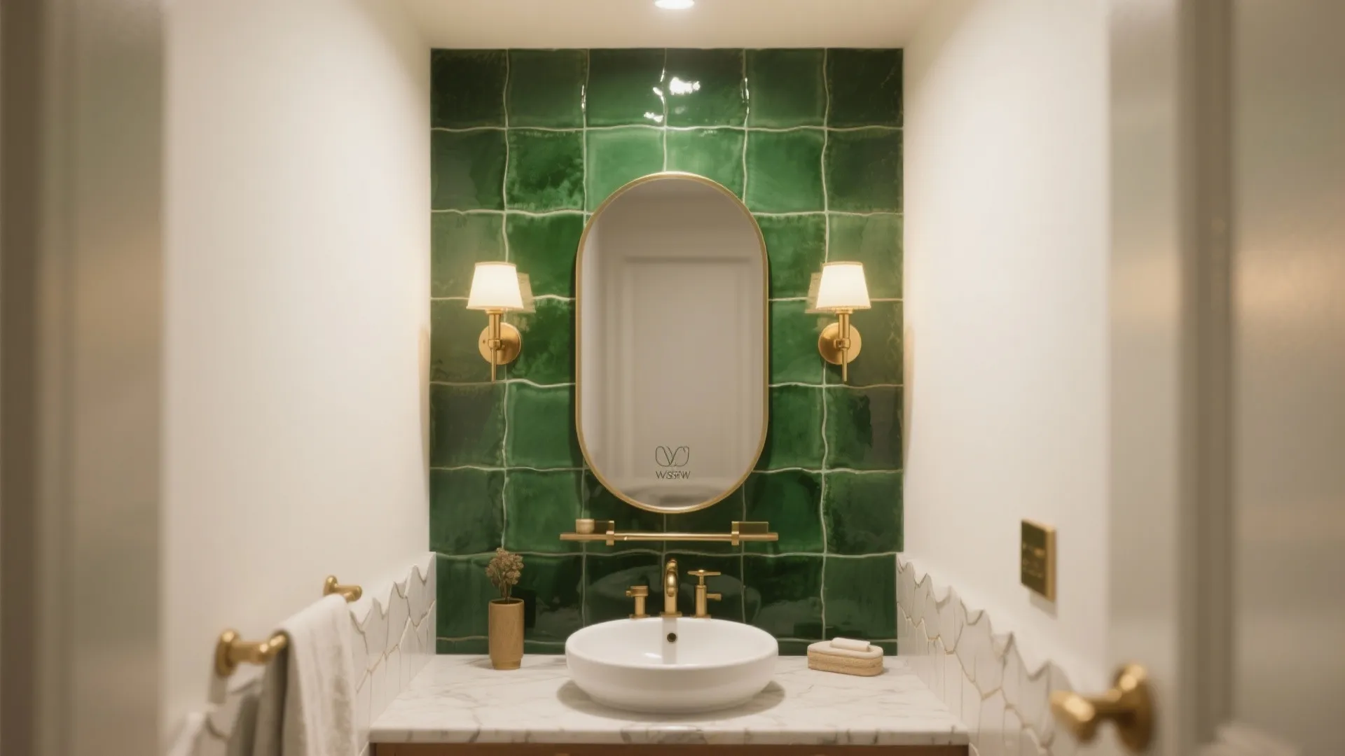 Tiny powder room with an emerald zellige accent wall behind the mirror, warm white walls, and brass sconce lighting.