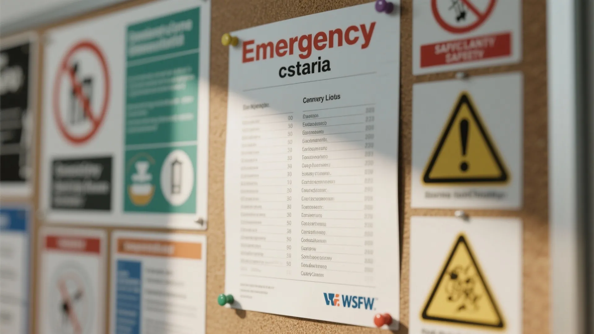 Cork notice board with emergency contact list yellow warning signs and various safety information posters