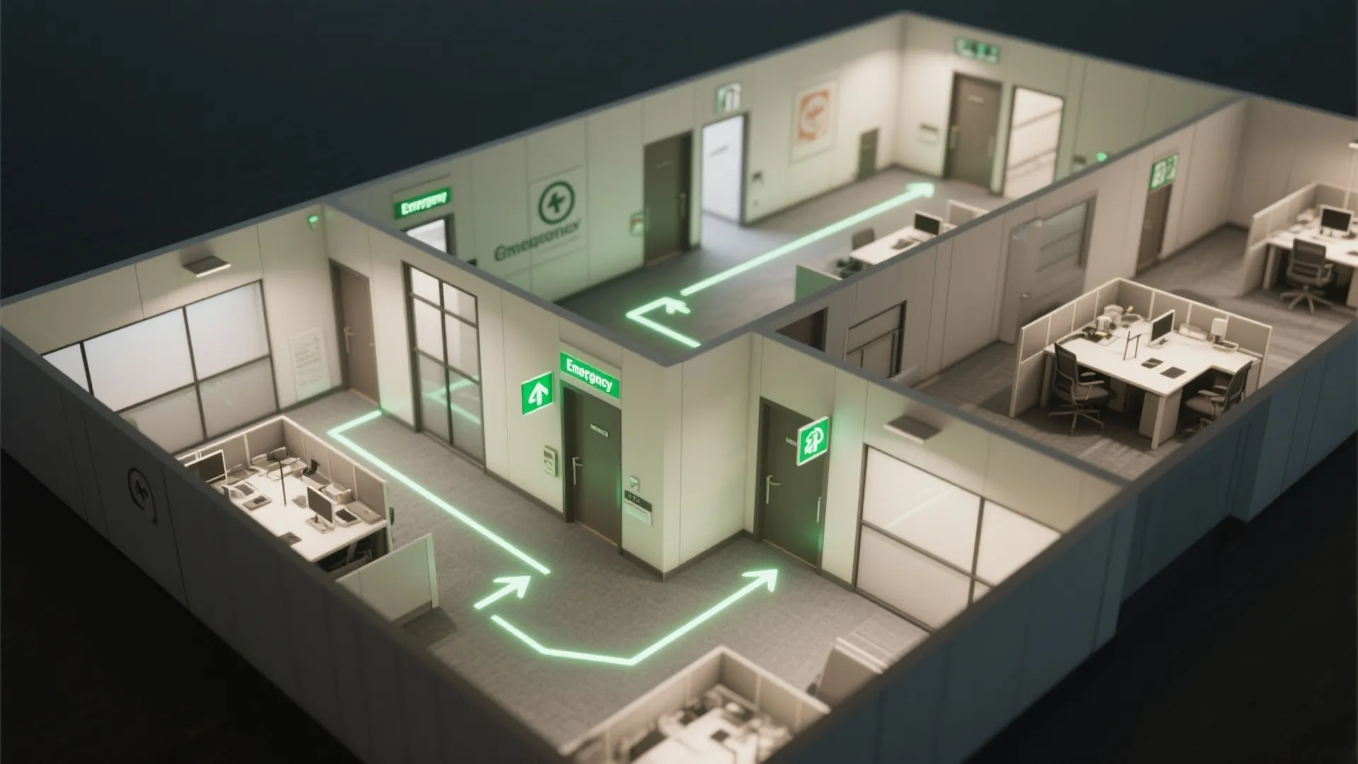 3D top-down office emergency layout with illuminated escape paths