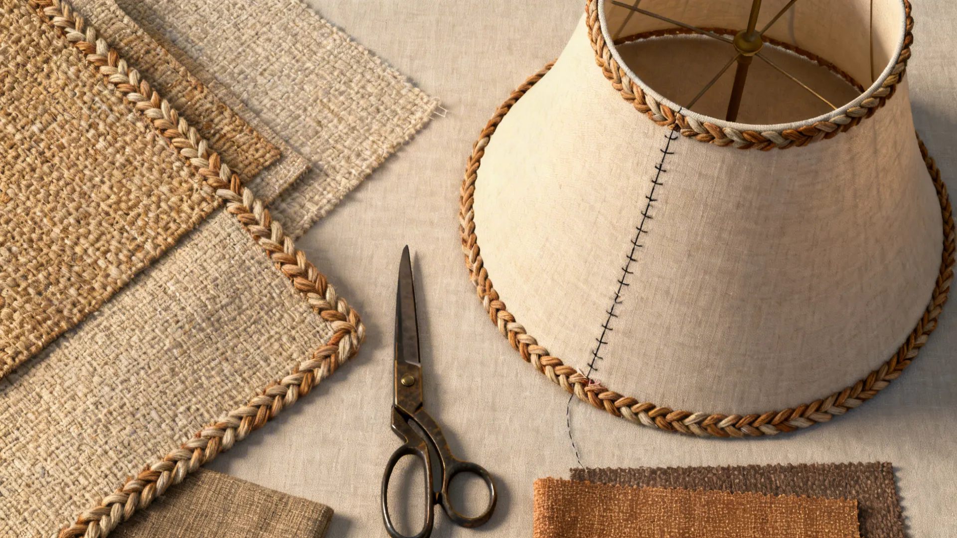 Flatlay of fabric-trimmed empire lampshade and textile samples for shade recovery