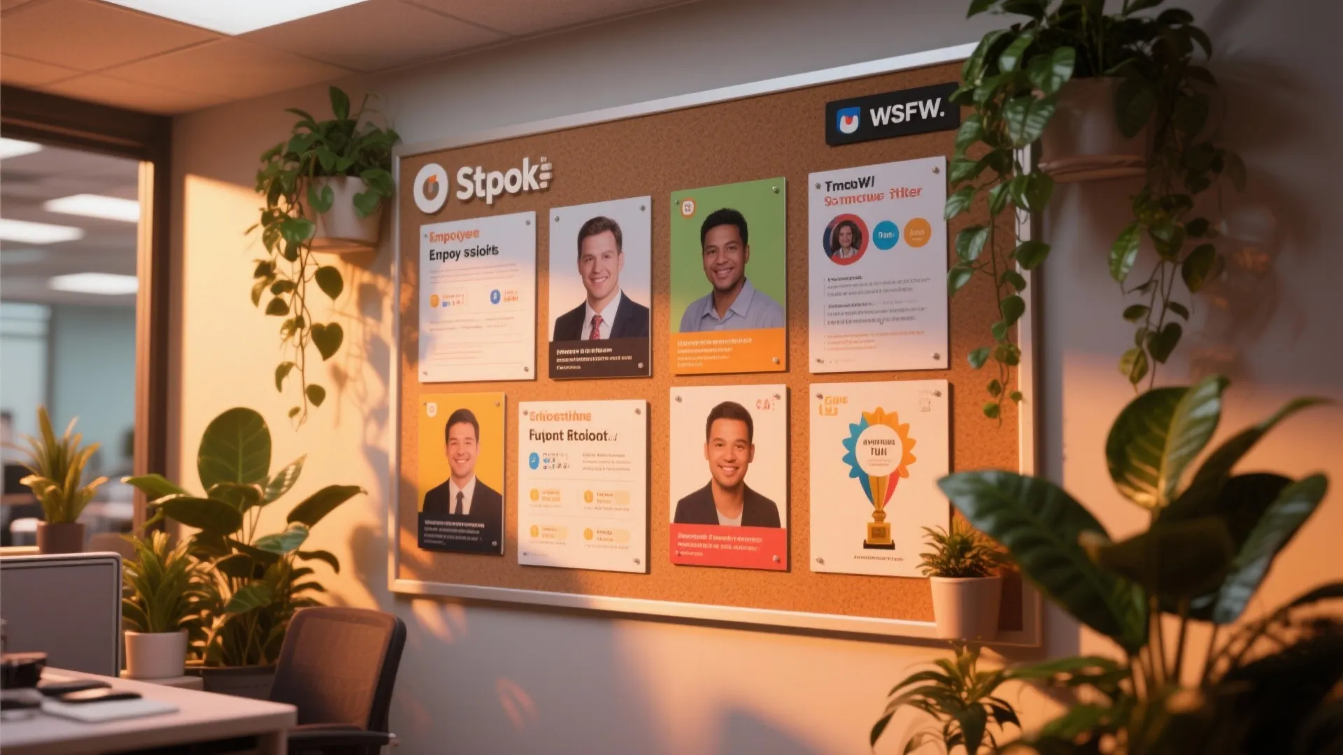 Office corkboard displaying employee spotlight posters with photos, names, and green climbing plants in pots