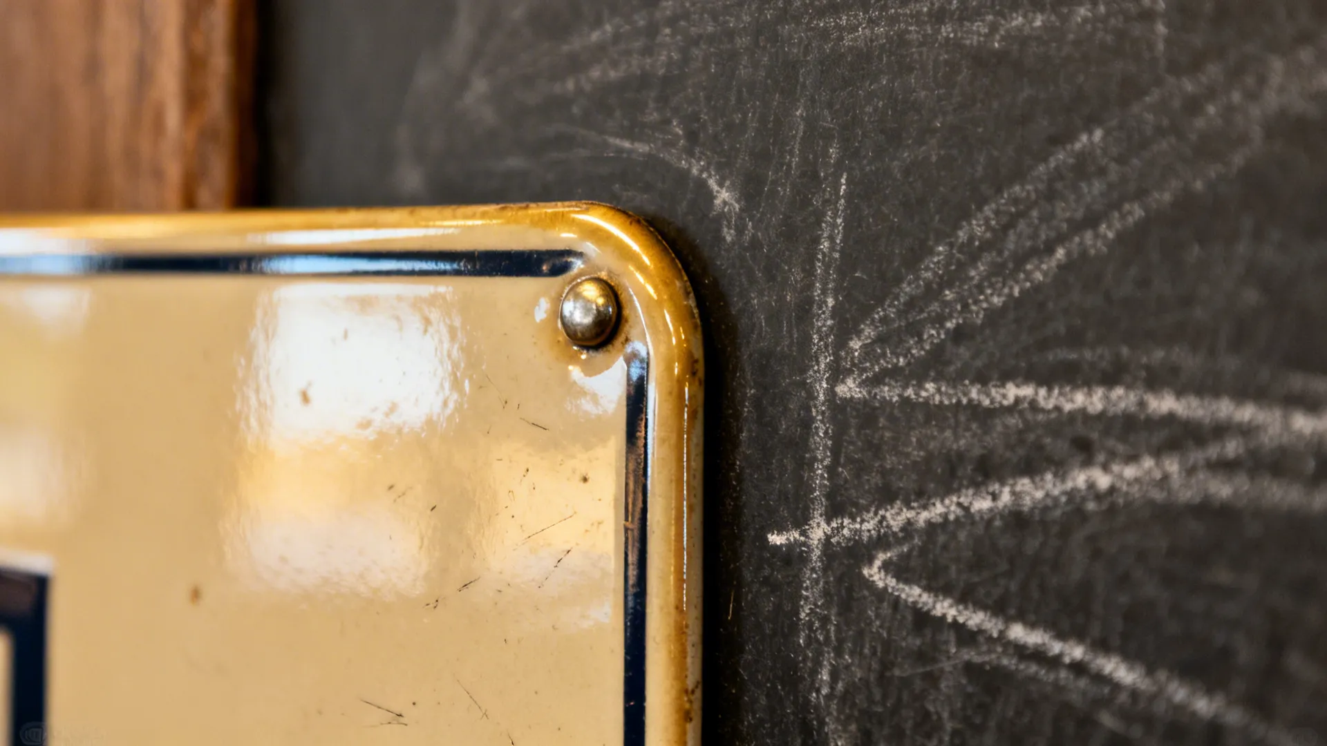 Macro detail of a glossy enamel sign edge beside textured chalkboard surface in warm light.