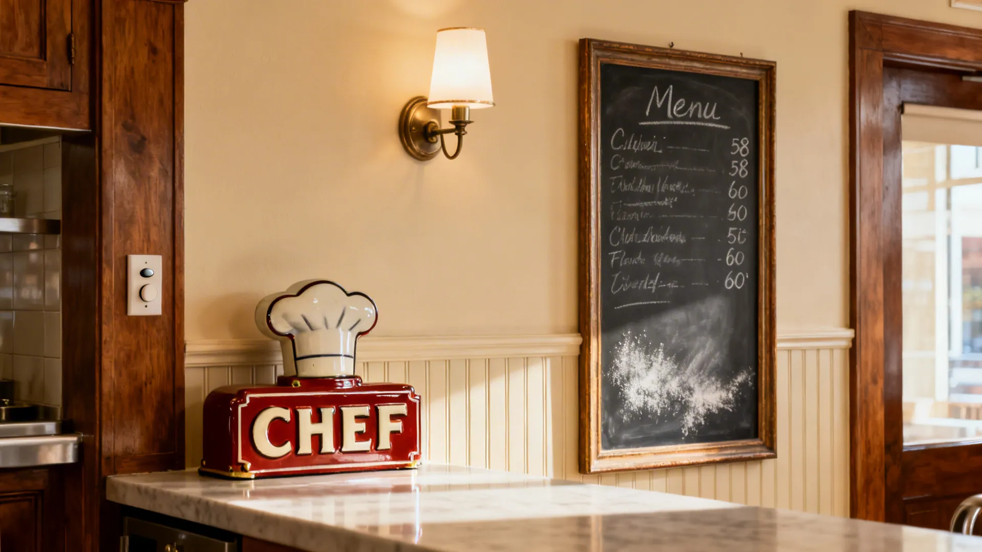 Vintage enamel chef sign paired with a slender chalkboard menu on a cozy kitchen wall with warm accents.