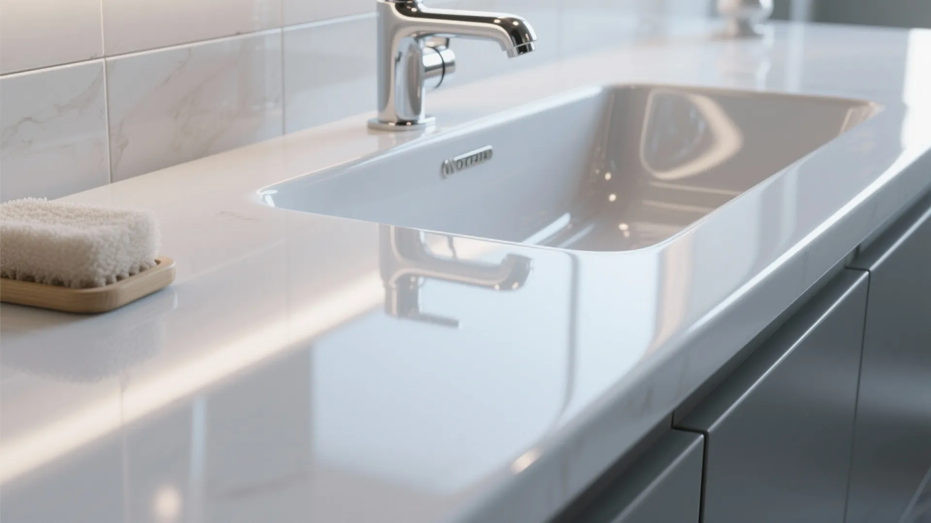 Modern white bathroom sink with a silver faucet and a small cleaning brush on wooden dish