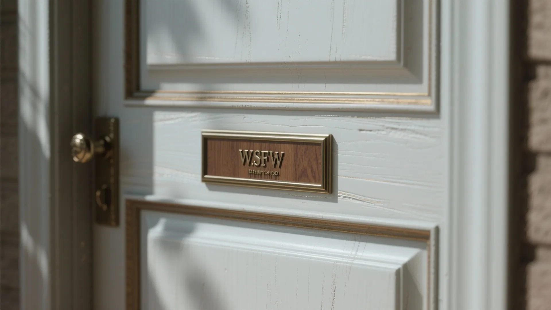 Close up of white wood door with gold metal handle and small wood name plate