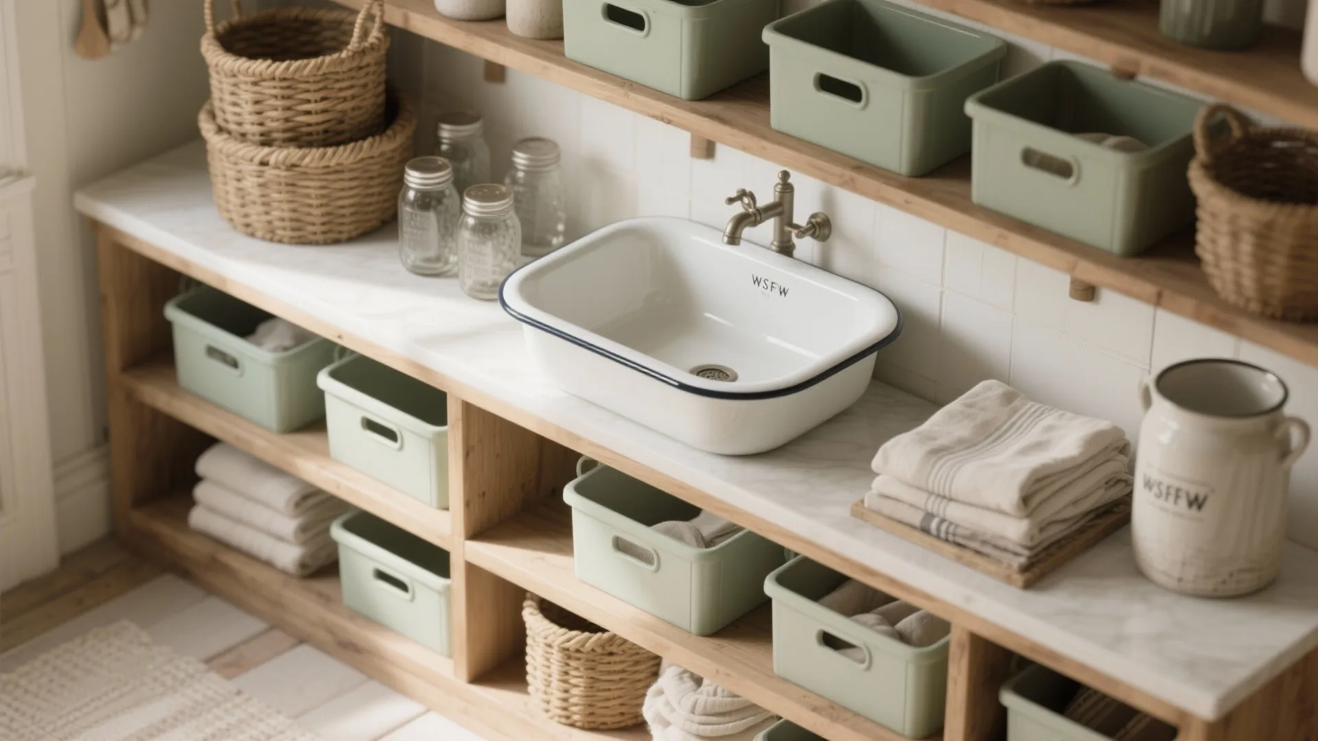 Organized wooden storage shelves with green bins woven baskets and a small white enamel sink