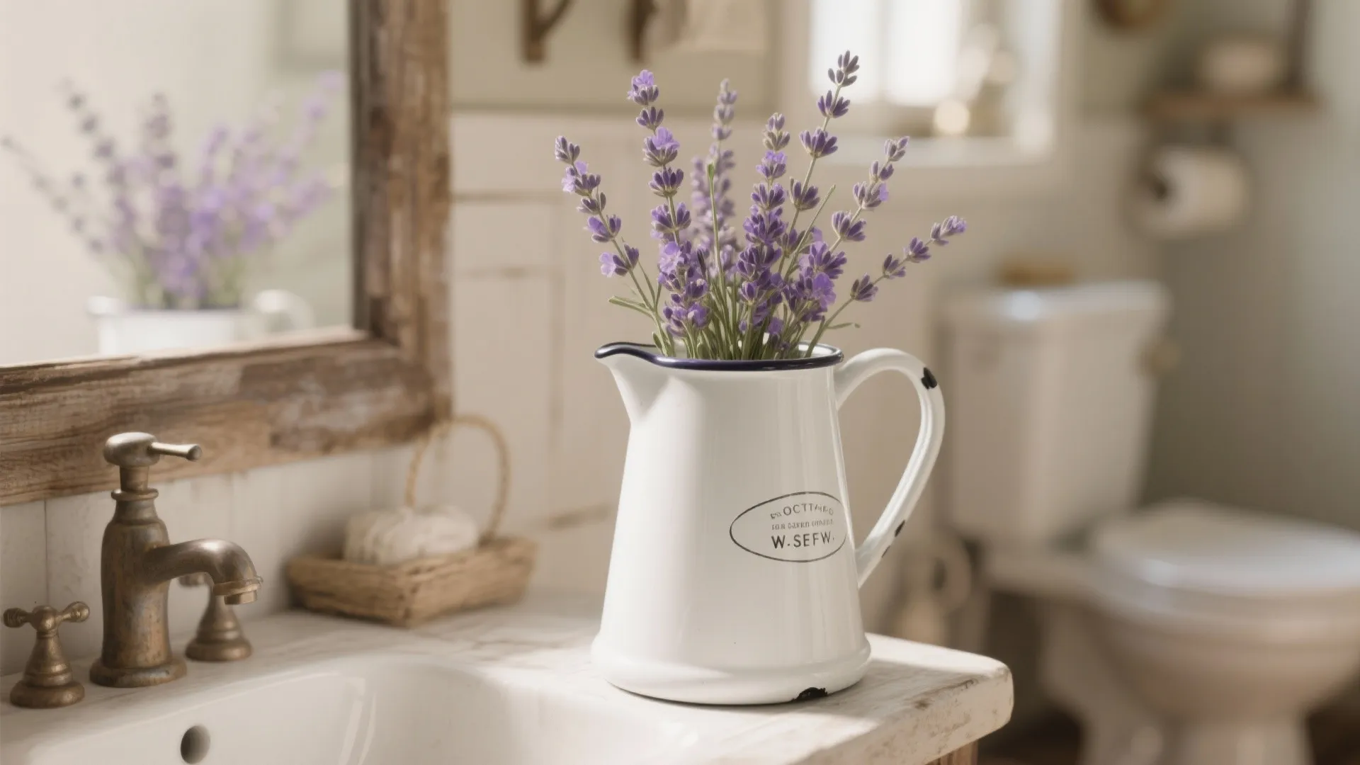 White enamel pitcher with purple lavender flowers sitting on a marble bathroom vanity near the sink