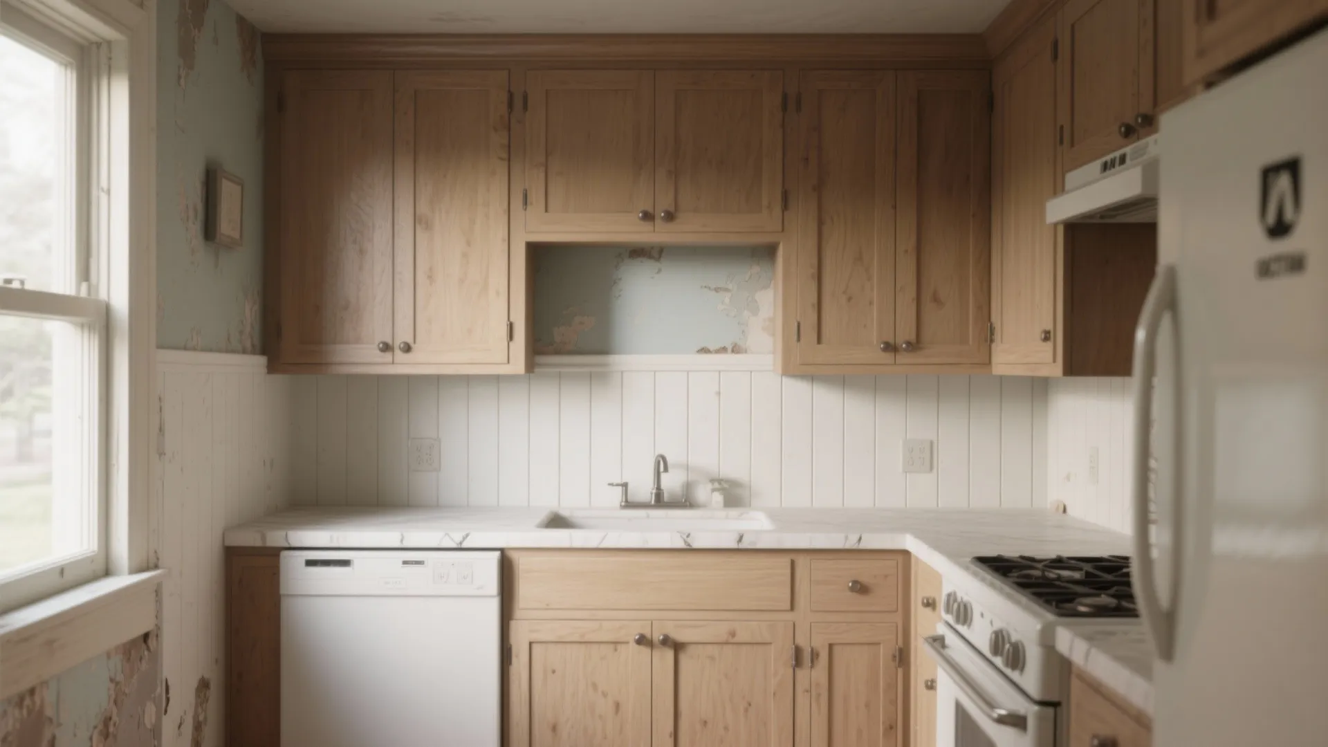 Small kitchen showing thin cabinetry overlays and beadboard panels encapsulating old painted walls for a clean finished look.