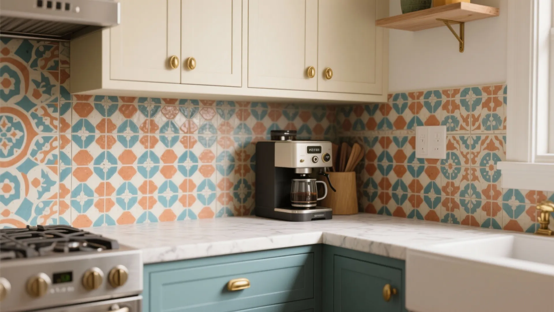 Kitchen counter with colorful pattern wall tiles coffee machine white cabinets and marble surface design