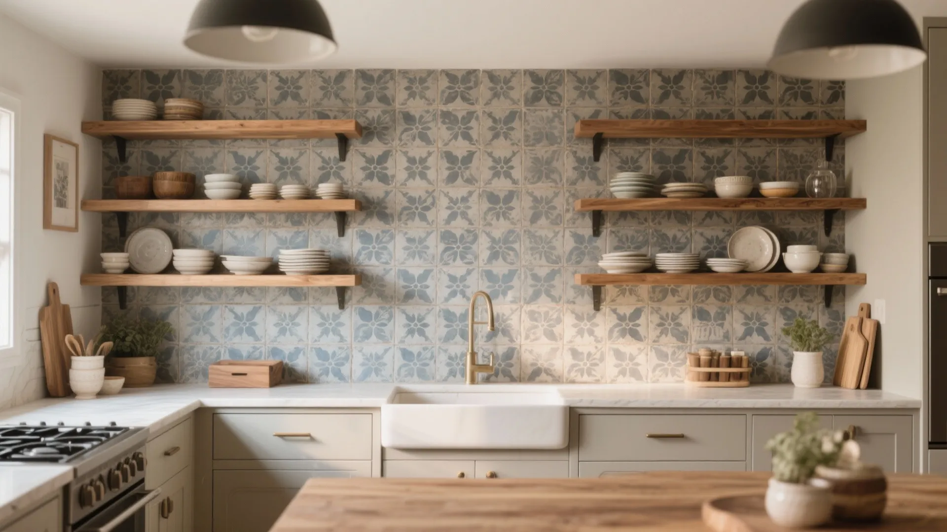 Rustic kitchen with patterned blue wall tiles wooden open shelves white sink and wood island table