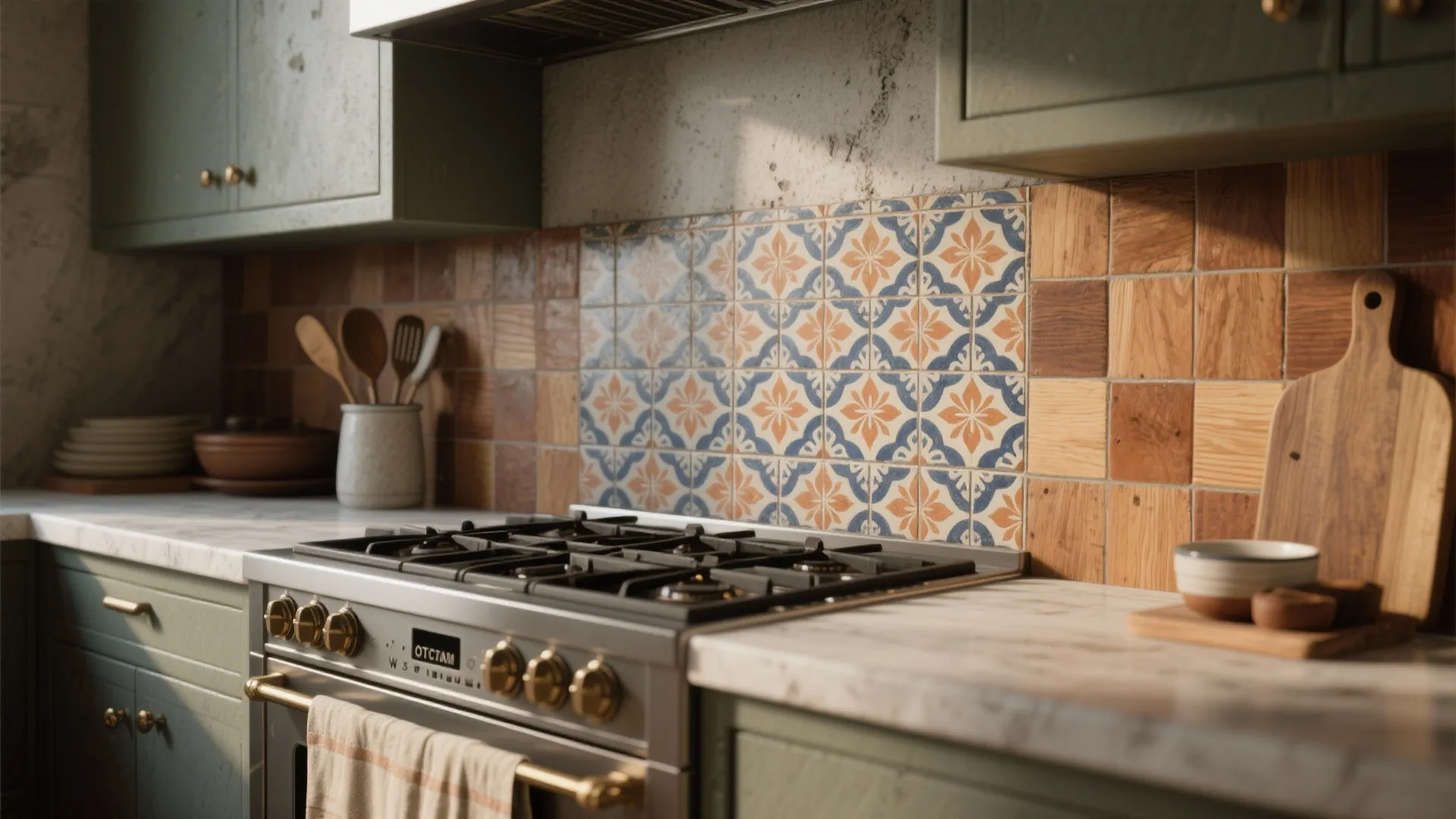 2. Patterned encaustic (cement-look) tiles as an accent area