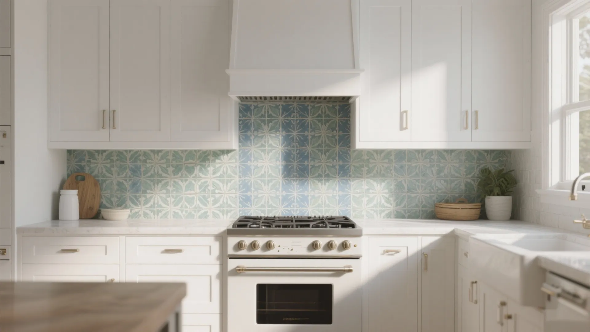 White kitchen with a muted blue and green encaustic patterned tile backsplash behind the range as a focal point.