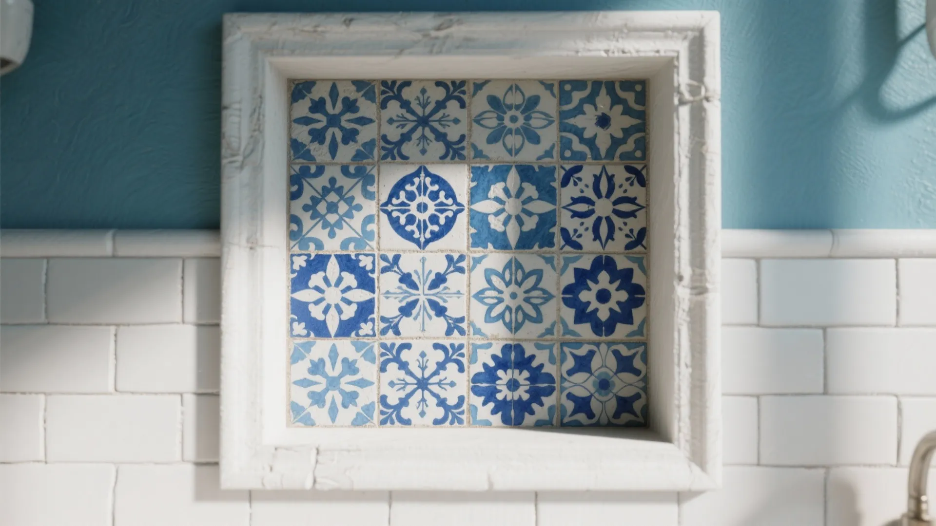 5. Coastal patterned encaustic-style blue tiles as an accent