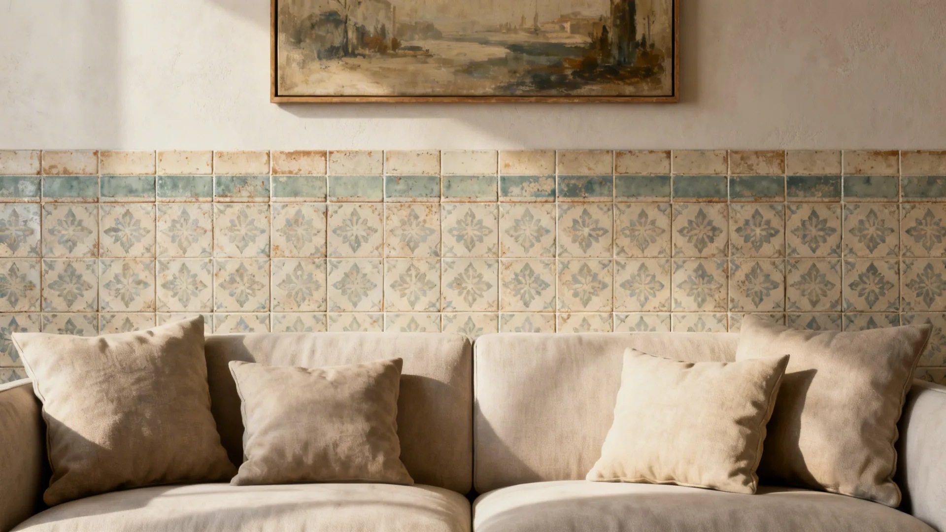 Living room with a horizontal band of muted encaustic-style tiles as a mid-wall accent behind the sofa