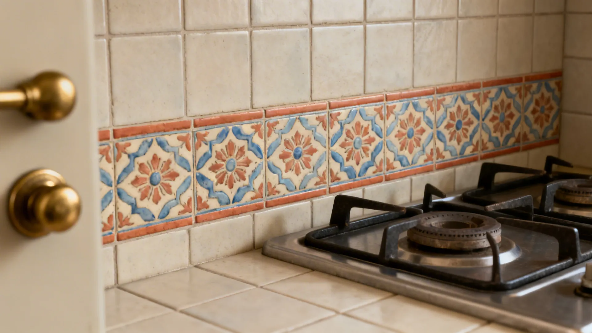 Macro of a slim patterned encaustic-style tile band used as a backsplash accent.