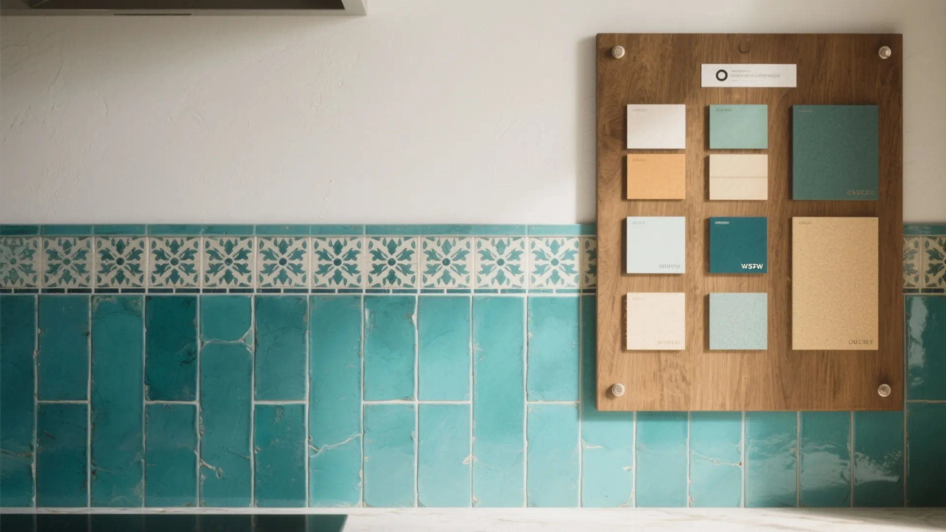 Teal wall tiles with floral patterns next to a wooden mood board showing material samples