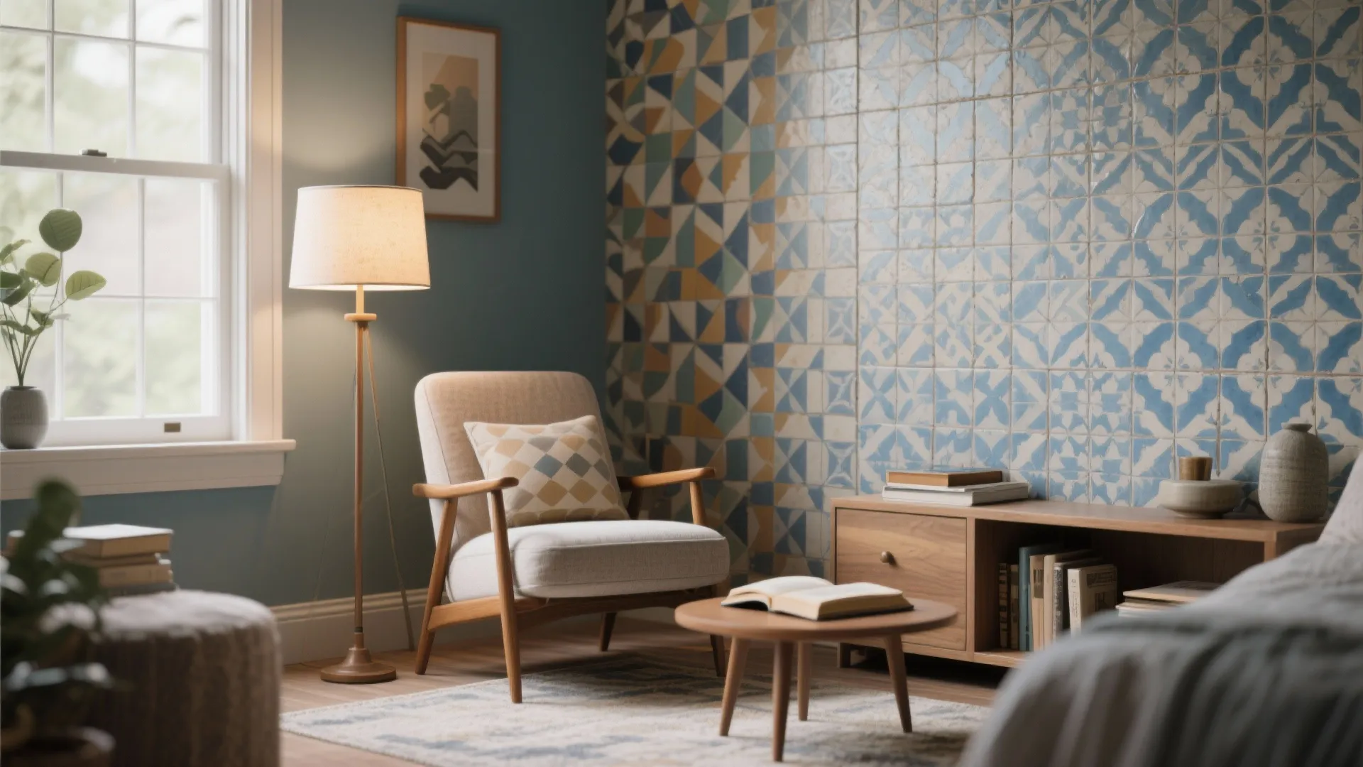Cosy reading corner with a floor light, wooden chair, small table, and blue patterned walls