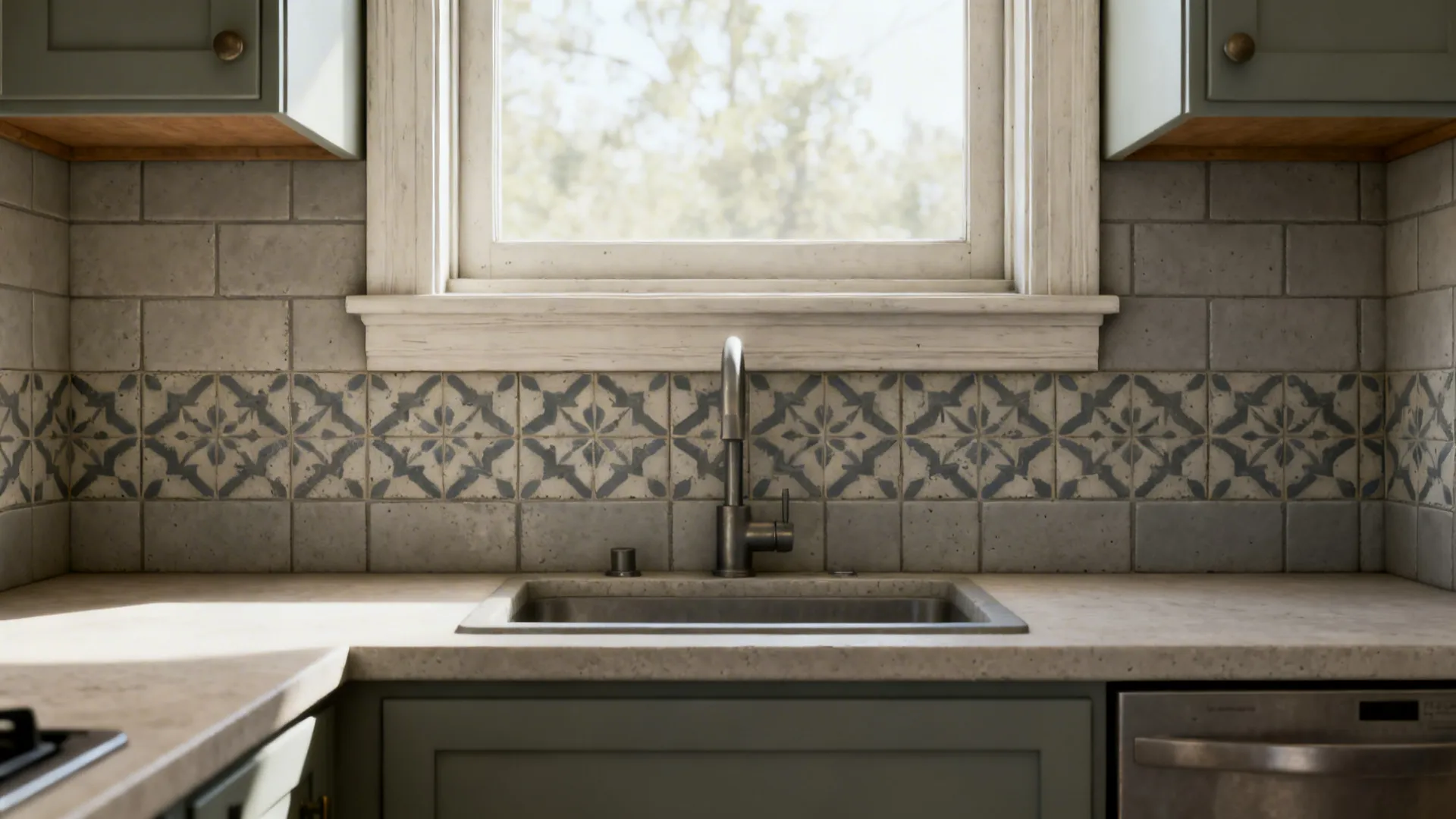 Framed patterned cement tile accent behind a kitchen sink with plain tiles around.