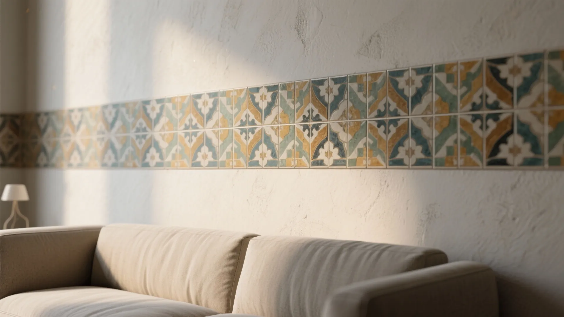 3. Geometric encaustic-style tiles as an accent strip