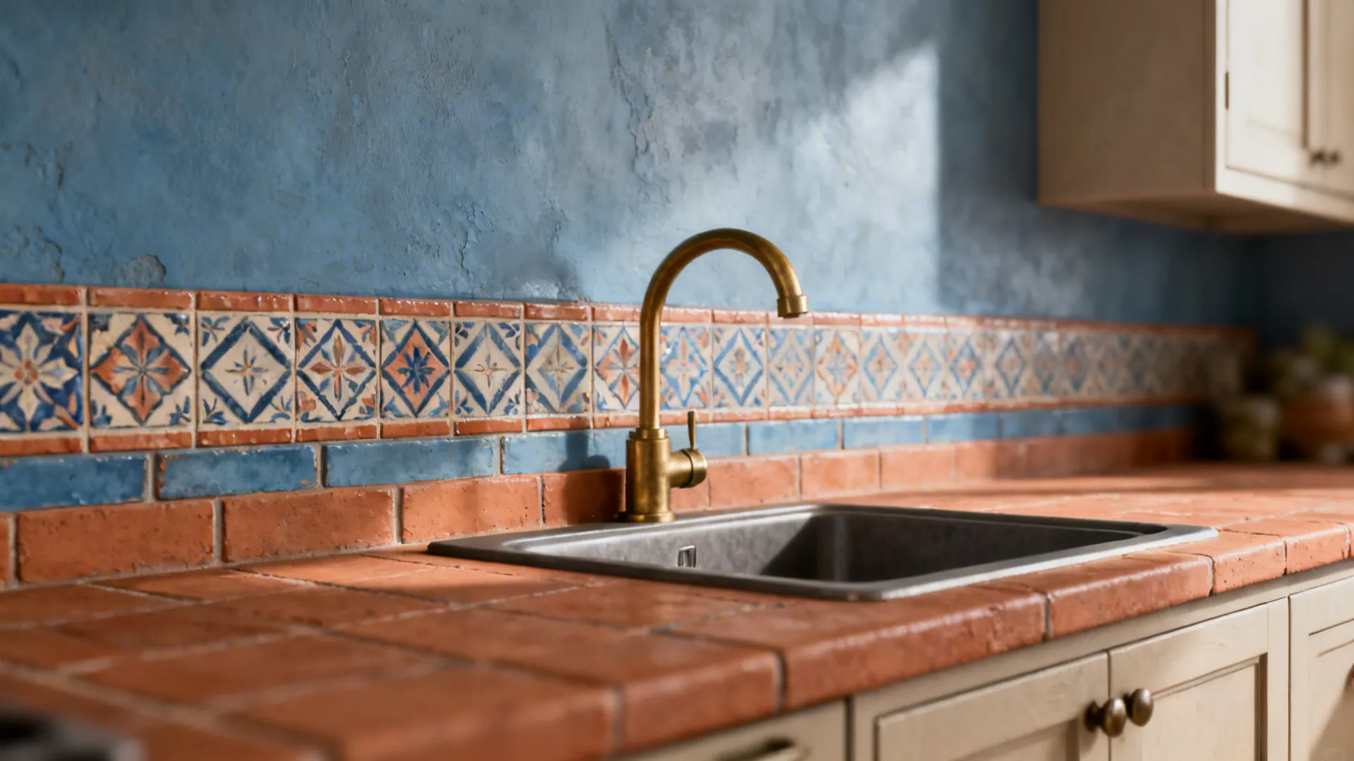 Narrow band of encaustic-look patterned tiles above a sink adding a colorful focal accent.