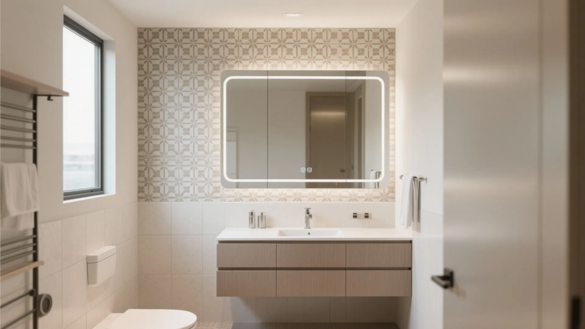Modern bathroom with patterned wall tiles behind a lighted mirror and a light wood cabinet