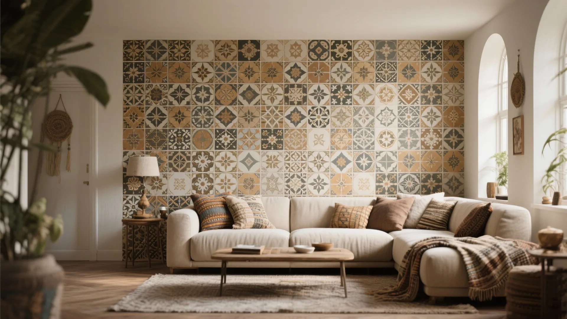 Living room with a single accent wall of patterned encaustic-style tiles behind a neutral sofa.
