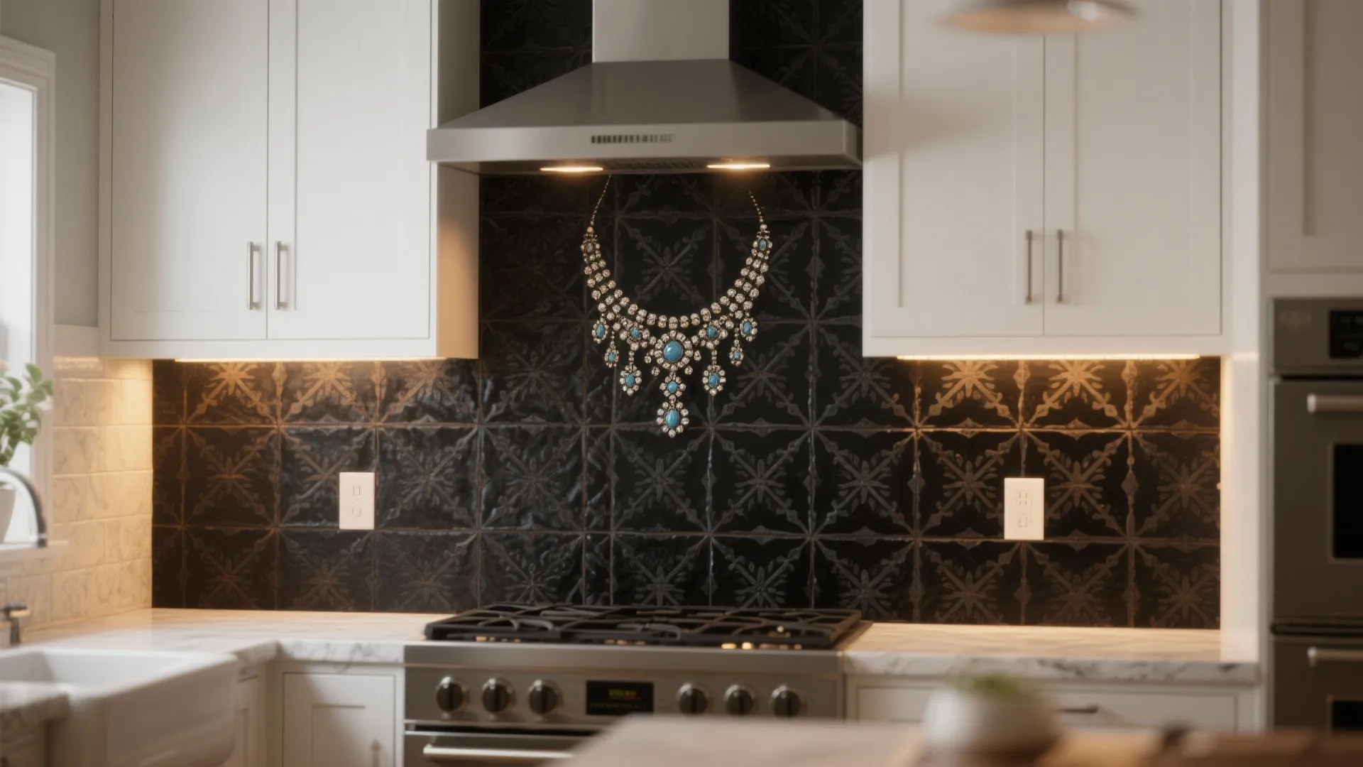 Modern white kitchen cabinets with dark patterned wall tiles and a metal stove exhaust hood