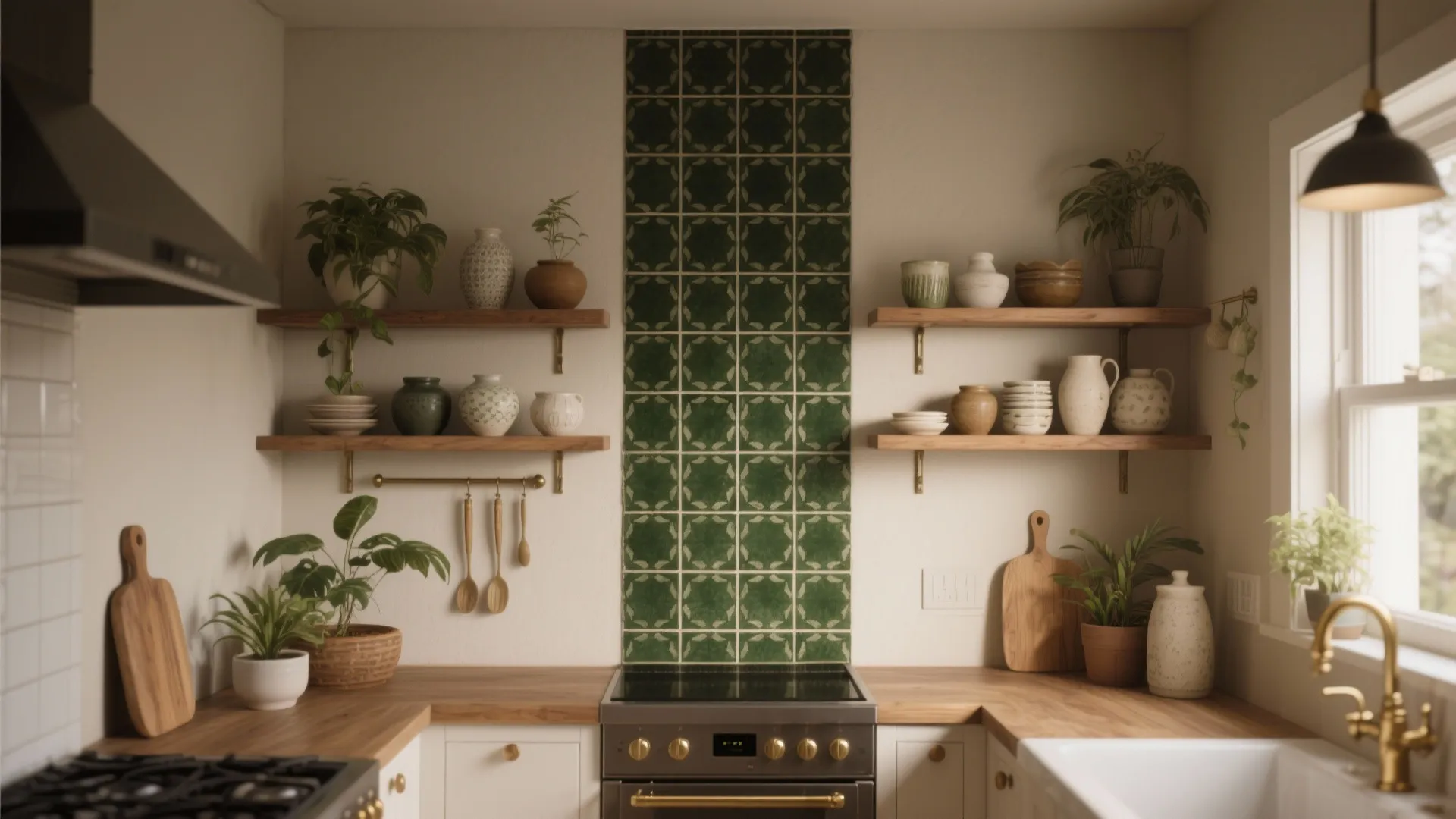 Kitchen interior design drawing showing wooden countertop white cabinets green wall panel and open wall shelves