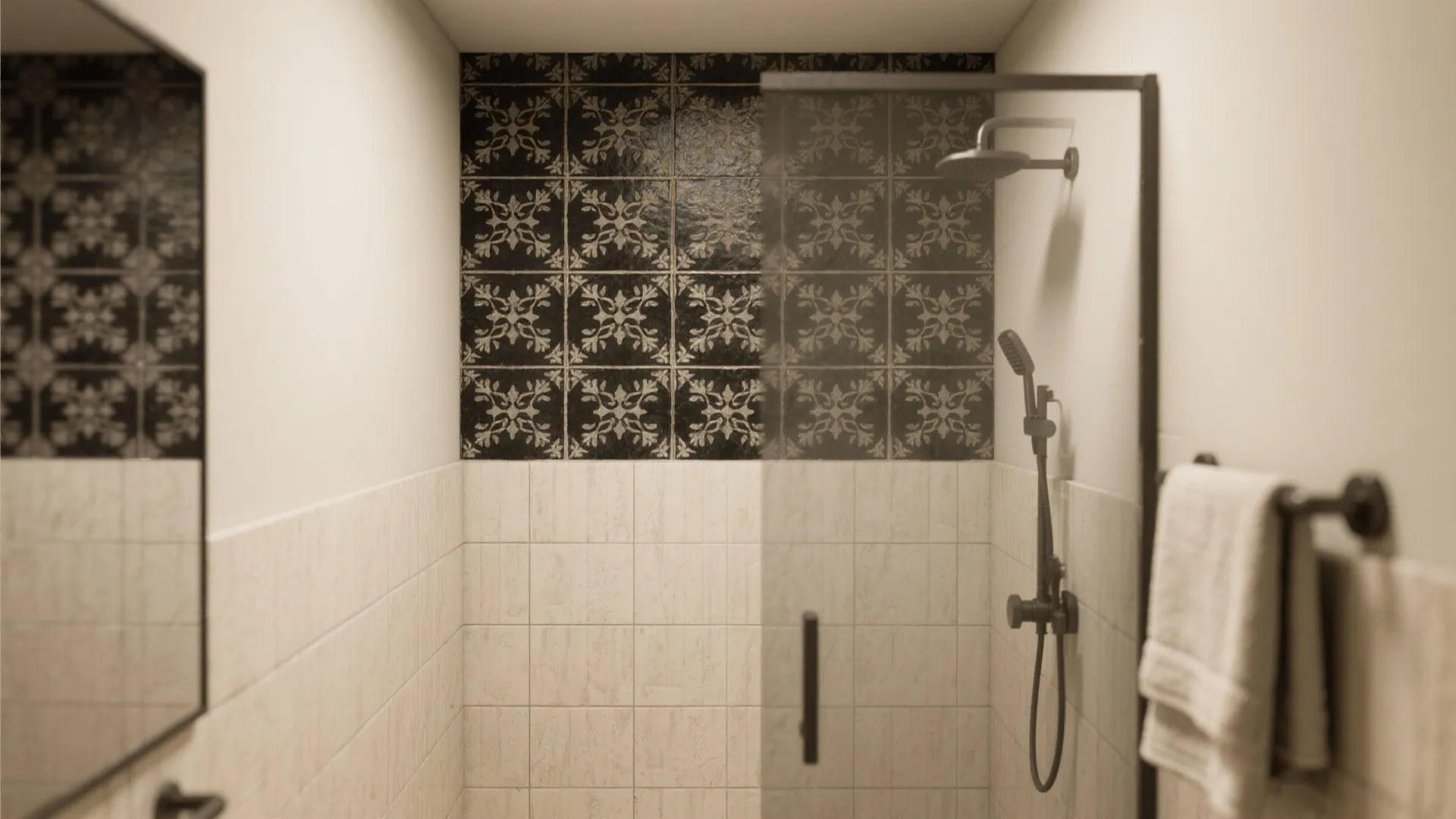 3. Accent wall of encaustic or patterned black tiles