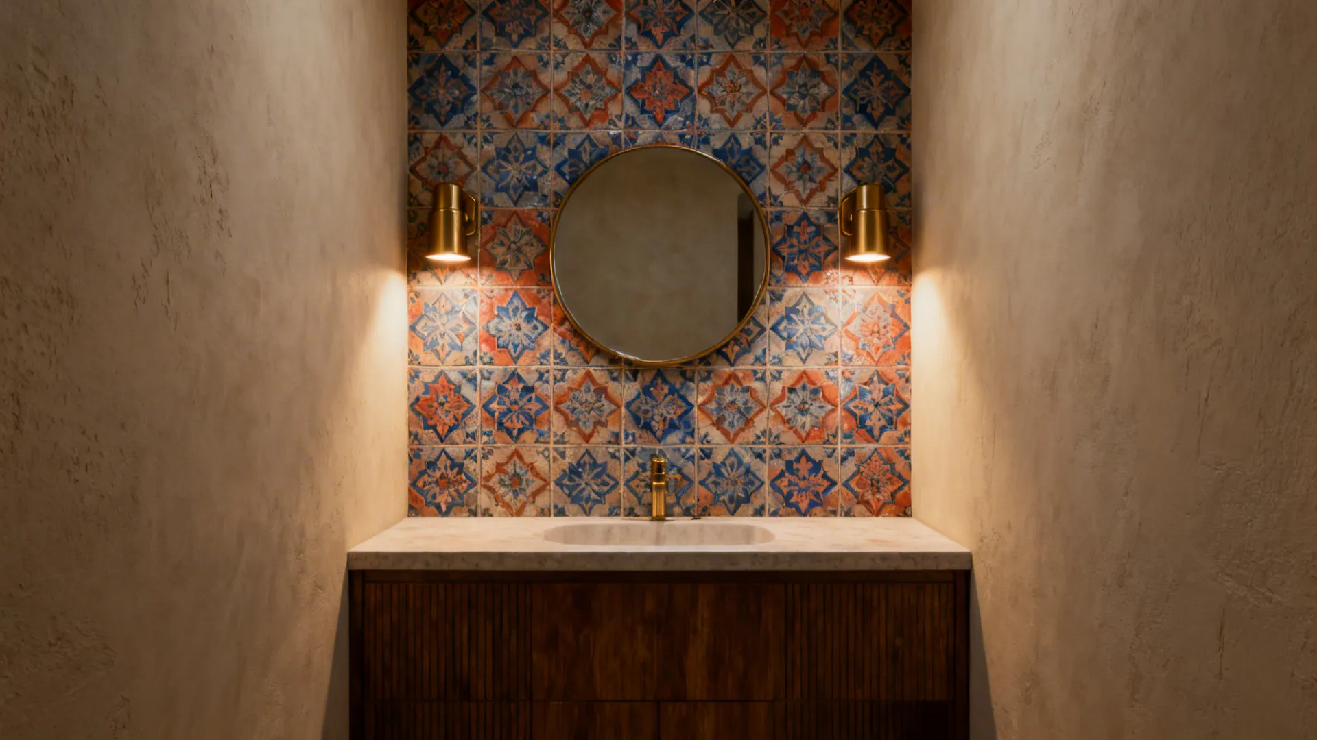 Powder room with a single patterned encaustic-look accent wall behind the vanity and neutral surrounding walls.