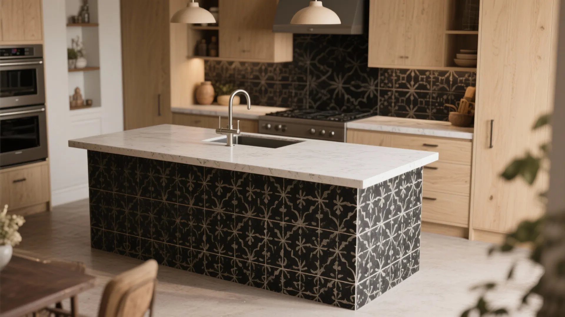 Modern kitchen island with patterned black tiles white countertop sink and wooden cabinets in background