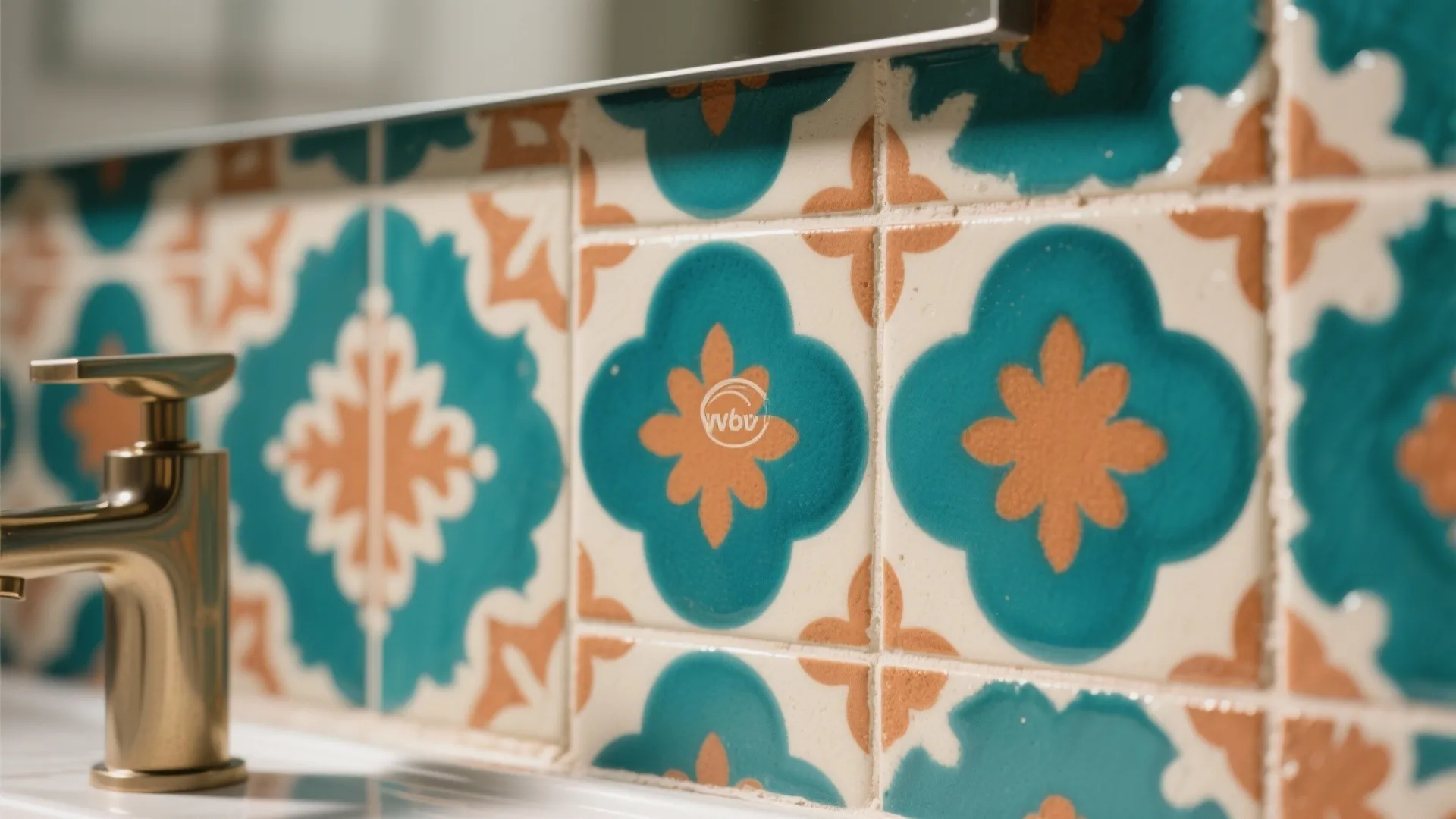 Colorful blue and orange pattern wall tiles with a gold water faucet in a bathroom