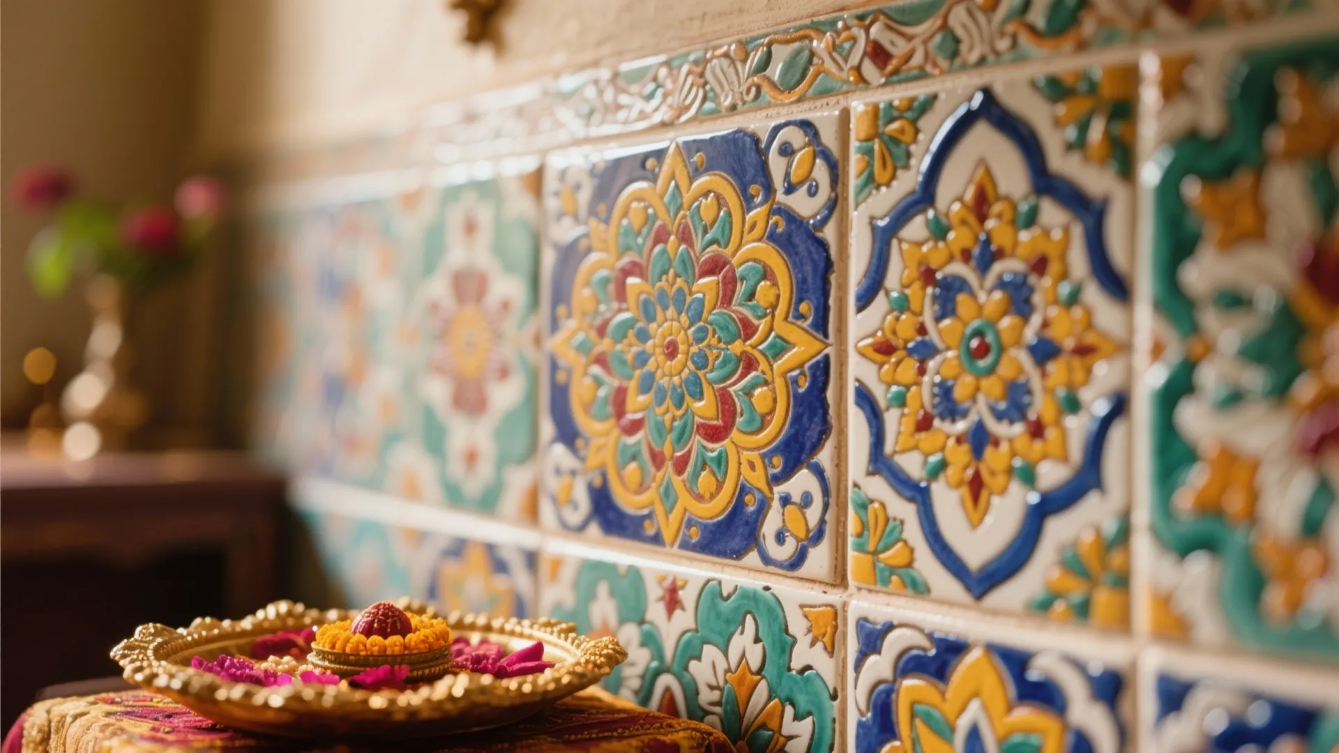 Decorative wall tiles with colorful flower patterns next to a small tray with pink flowers