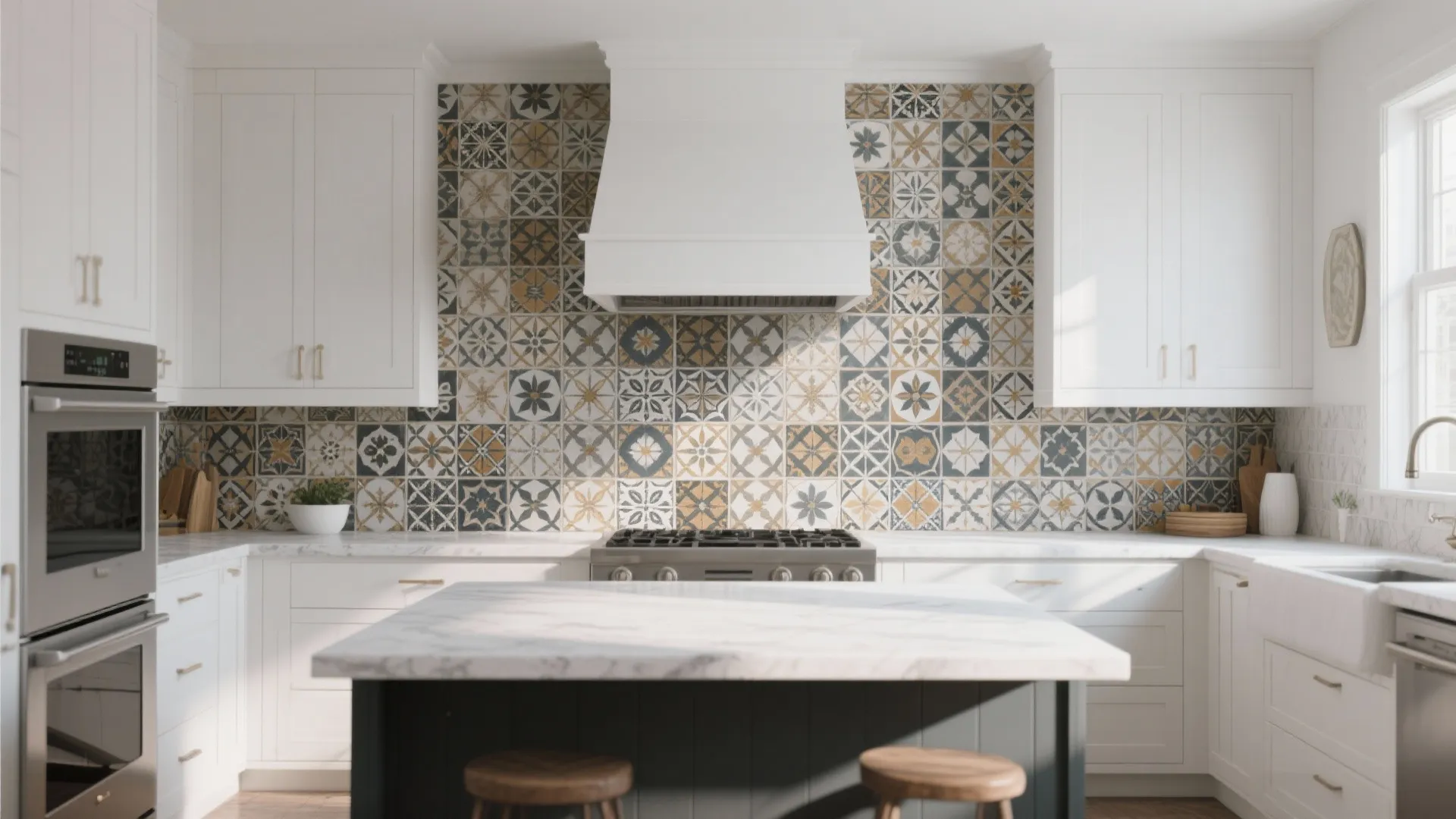 Modern kitchen with patterned wall tiles, white cabinets, marble island, wooden stools, and stainless stove